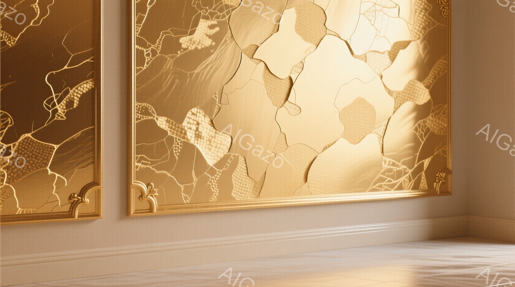 部屋の壁に、金色の装飾が施された大きな絵画が飾られています。絵画は、割れたガラスのような不規則な形状が組み合わさっており、繊細なひび模様が金色の背景に浮かび上がっています。明るい光が壁に差し込み、高級感と静謐な雰囲気を醸し出しています。