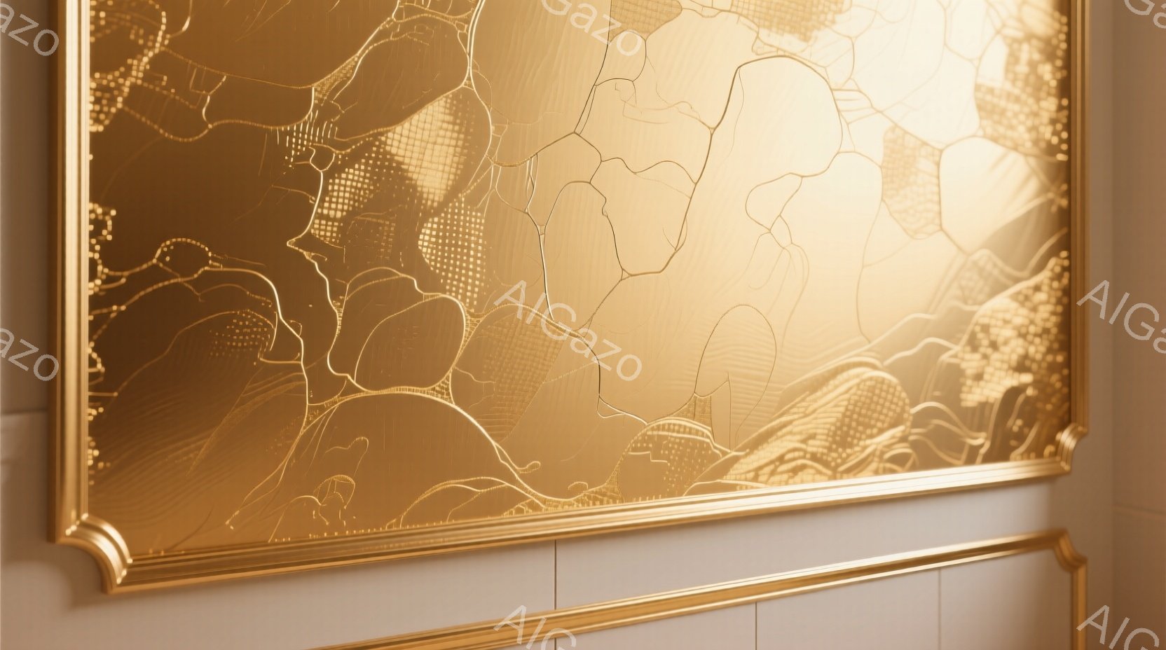 金色のフレームに囲まれた、光沢のある壁面が写っている。壁面には、複雑な模様が彫刻のように施されており、光の当たり方によって立体的に見える。背景は白っぽいタイルで、全体的に暖かく、豪華な雰囲気を醸し出している。