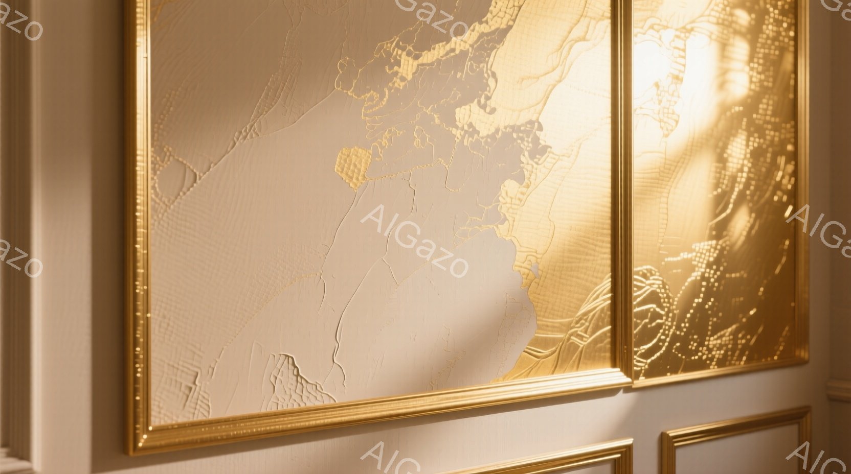 画像は、クリーム色の壁に掛けられた2枚の大きな絵画を捉えている。絵画は、金色のフレームで囲まれ、テクスチャのある厚塗り技法が用いられた抽象的な模様が描かれている。全体的に暖色系の光が差し込み、上品で落ち着いた雰囲気を醸し出している。