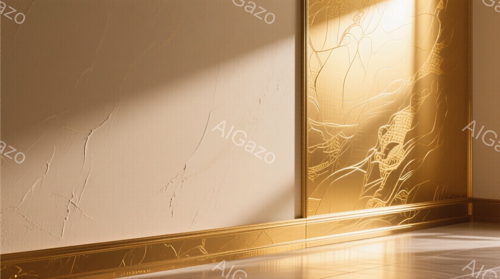 滑らかなクリーム色の壁の一部が映っており、右側には金色の彫刻のような模様が施された障子のようなものが設置されている。床は光沢のあるタイルで、壁と床の境目には金色のモールディングが施されている。 全体として、暖色系の落ち着いた雰囲気で、高級感と静けさの両方を感じさせる空間である。