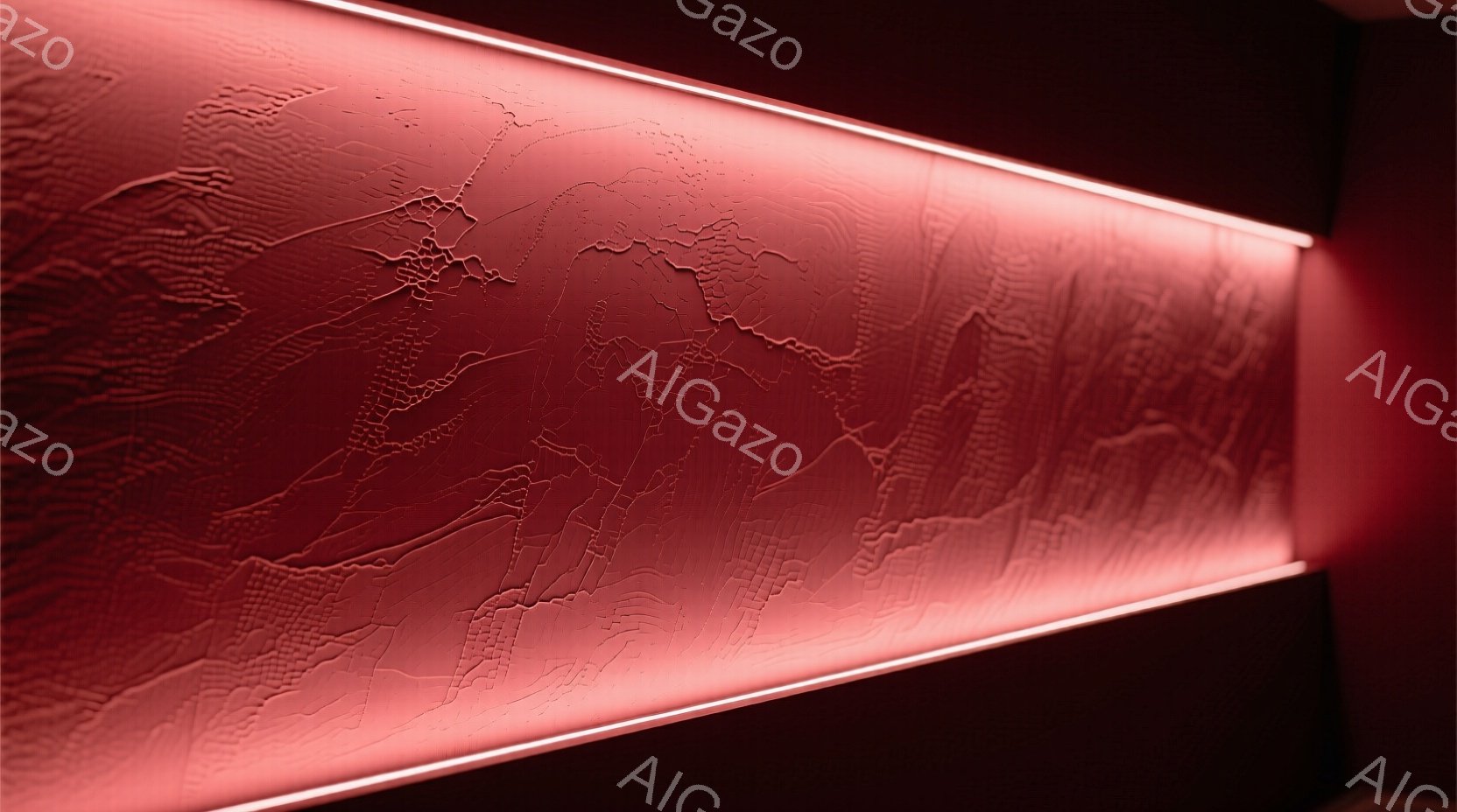 鮮やかな赤色の光に照らされた、凹凸のある壁面が印象的な画像です。壁面には、地形図のような、複雑で繊細な模様が刻まれており、まるで地層や谷のようにも見えます。全体的に暖かく、どこか神秘的な雰囲気が漂っています。