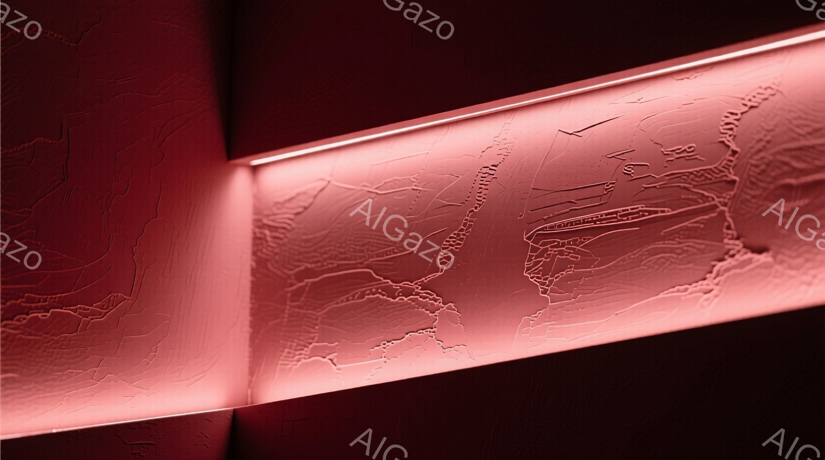 赤色の照明に照らされたレリーフのような壁面が印象的です。複雑な地形や構造が刻まれており、まるで都市の模型や地図を抽象化したような表現となっています。全体的に落ち着いた雰囲気で、未来的な空間を演出しているように見えます。