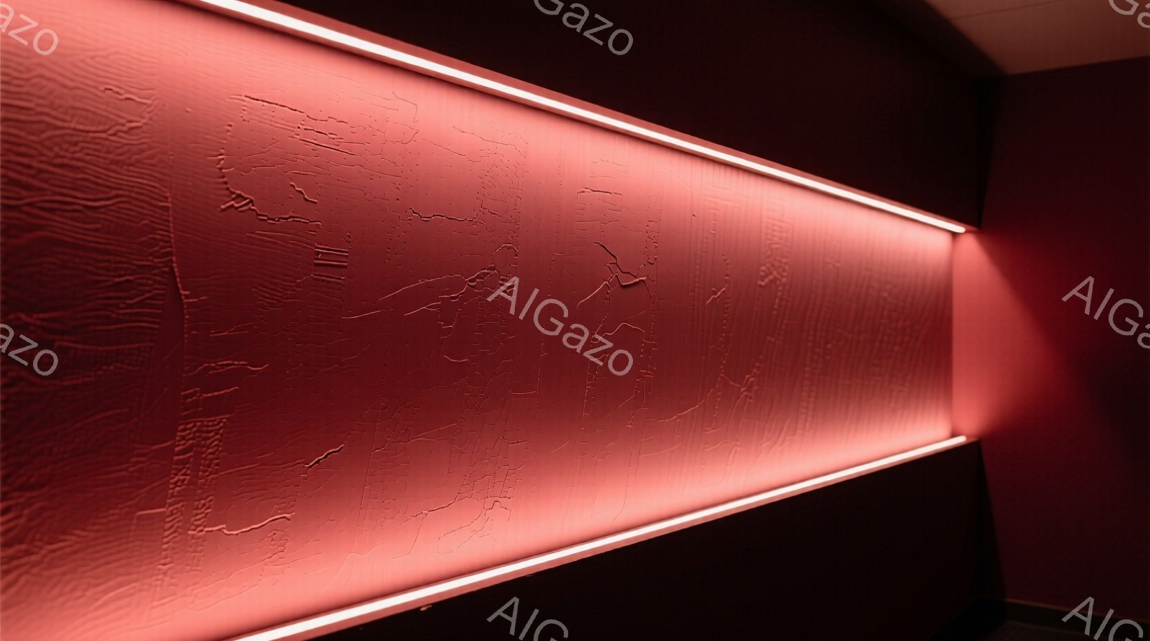 赤い壁面に、地形のようなレリーフが浮かび上がっている。上部と下部に設置された白い光のラインが、レリーフを強調し、影を作り出している。全体的に暖かく、少し神秘的な雰囲気を醸し出している。