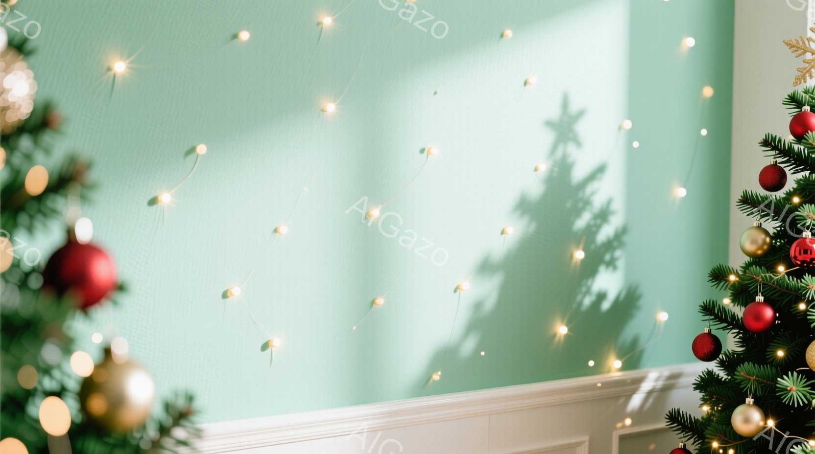 部屋の壁は薄い緑色で、クリスマスの飾り付けがなされています。壁には小さな光のイルミネーションが飾られ、クリスマスツリーの影が投影されています。ツリーは赤いオーナメントや金色の飾りで彩られ、華やかで温かい雰囲気を醸し出しています。