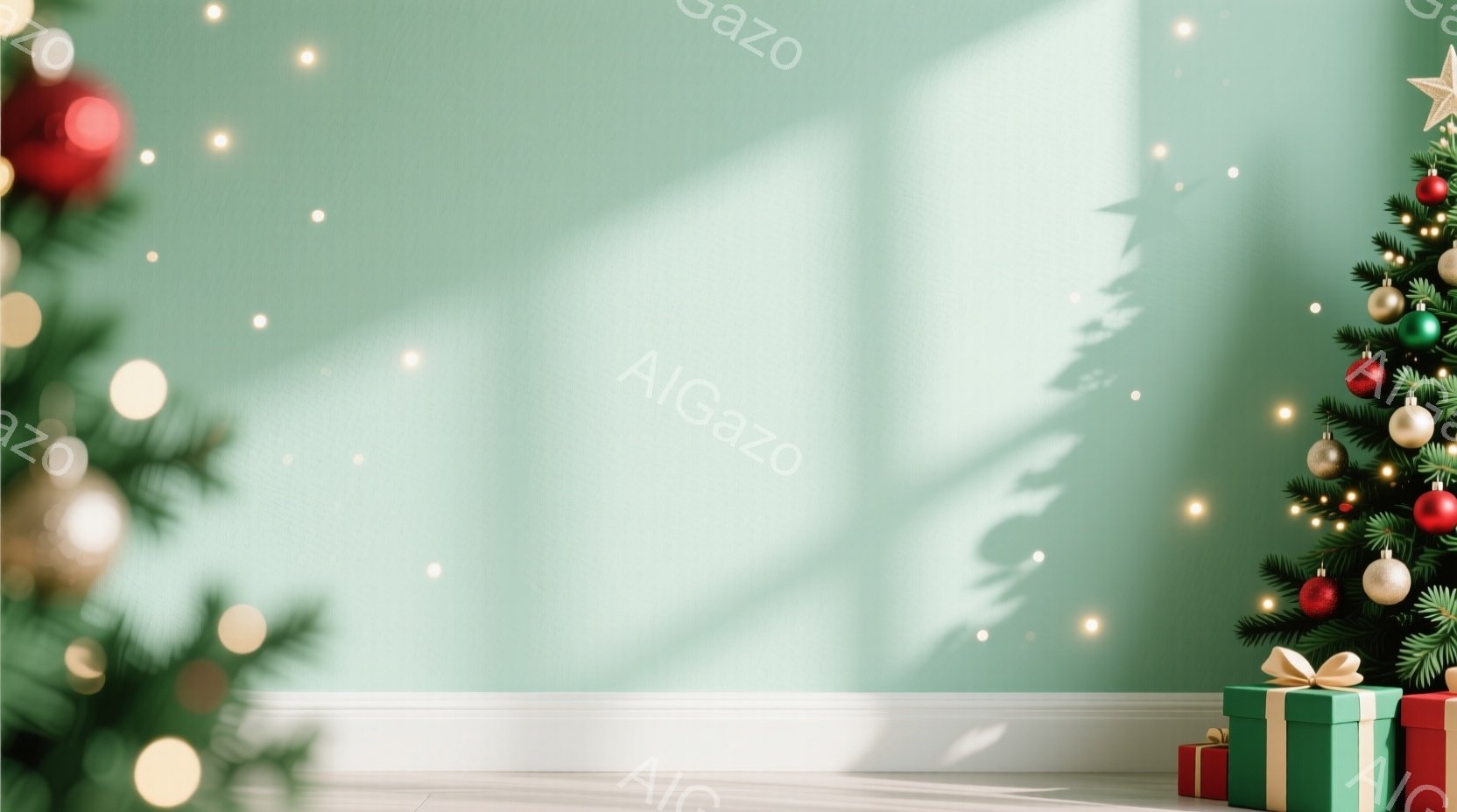 クリスマスツリーが右側に配置され、赤いオーナメントや光が輝いています。ツリーの下には、緑と赤のリボンで飾られたプレゼントボックスが置かれており、背景は淡い緑色の壁で、白いモールディングが施されています。全体的に暖かく、穏やかなクリスマスの雰囲気が漂っています。