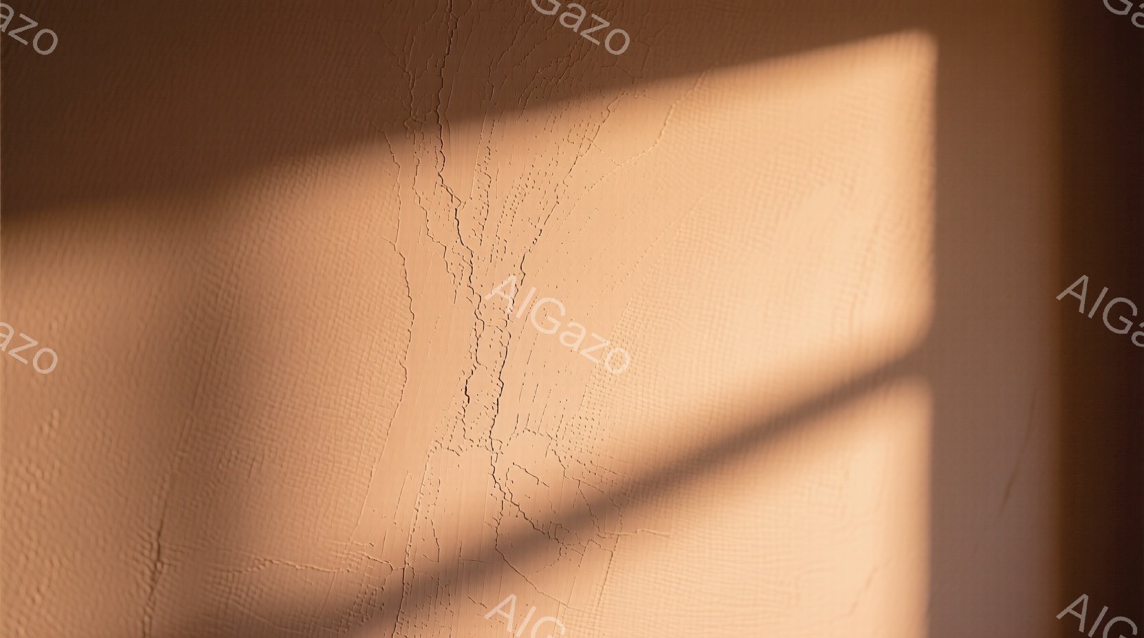 壁に投影された木の影が印象的な画像です。暖色系の色調が全体を覆い、静かで穏やかな雰囲気を醸し出しています。影の繊細なラインと壁のテクスチャが、自然と光の美しいコントラストを生み出しています。