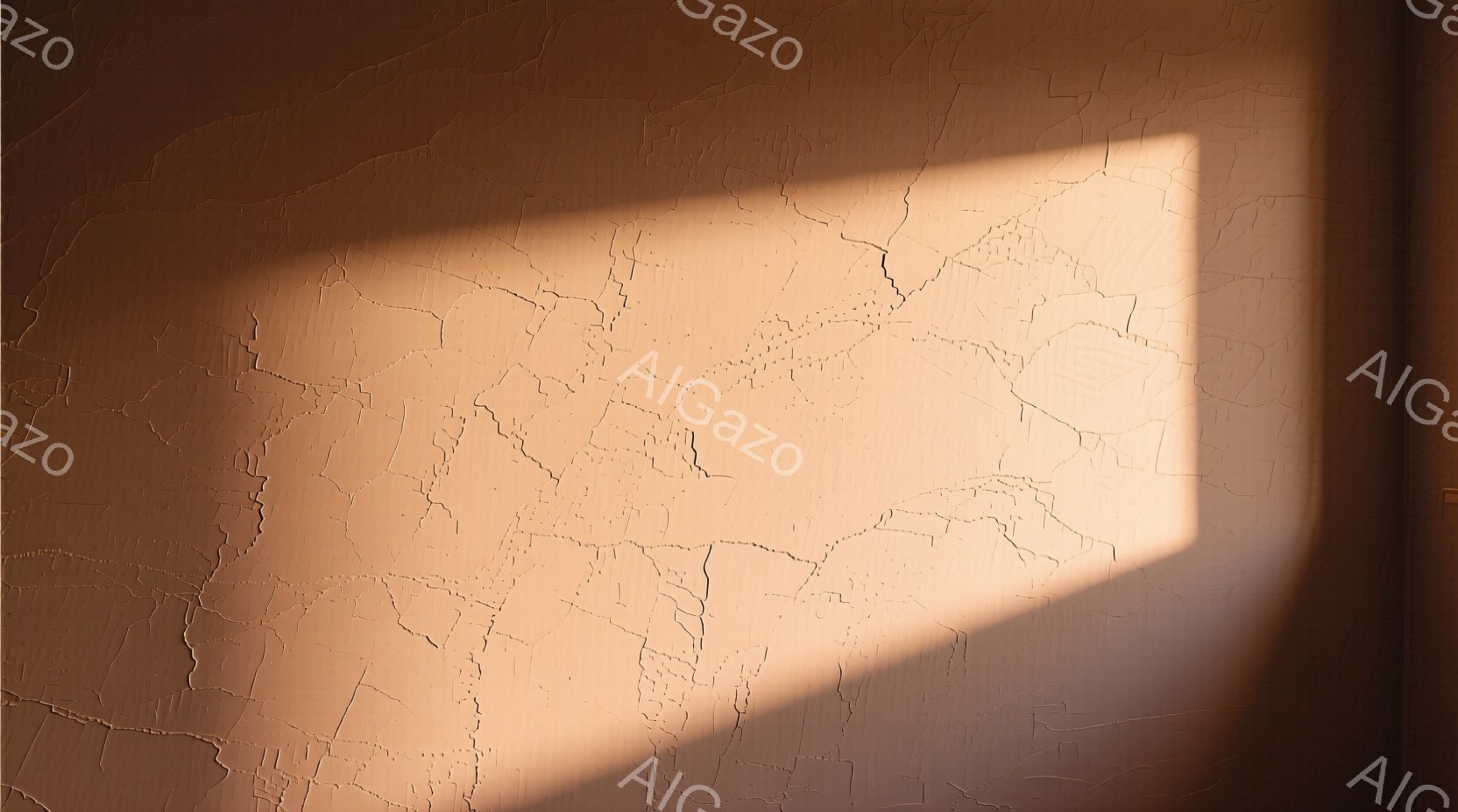 画像は、壁に投影された強い光と影のコントラストが特徴的で、壁のテクスチャが強調されている。影は四角い窓枠の形をしており、光と影が織りなす模様が印象的だ。全体的に暖かく、静かで、ミニマルな雰囲気が漂っている。