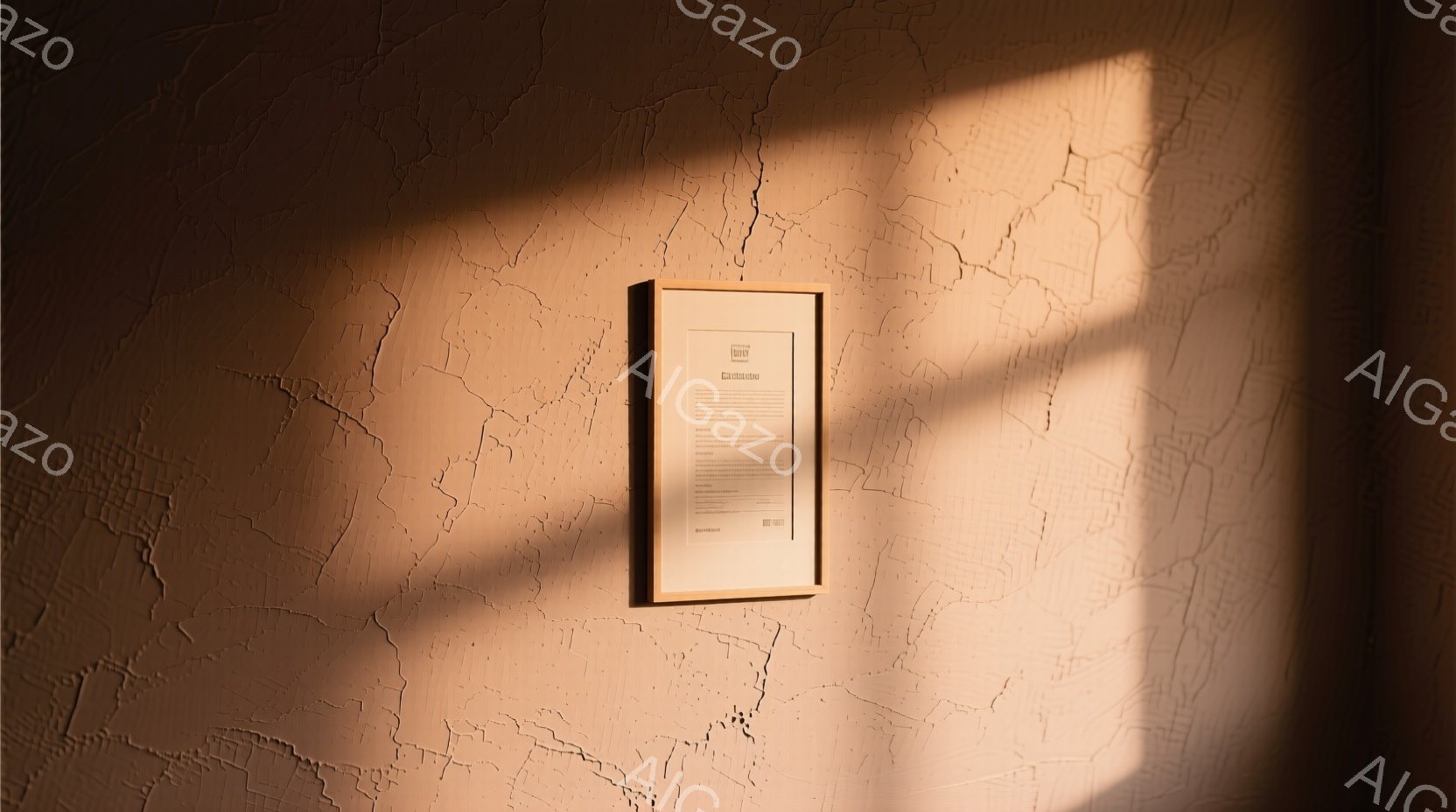 浅いピンク色のテクスチャード壁に、シンプルな木製のフレームが掛けられています。フレームの中には白い紙が入っており、何らかのテキストが書かれているようですが、判読はできません。壁には影が落ちており、温かみのある、落ち着いた雰囲気を醸し出しています。