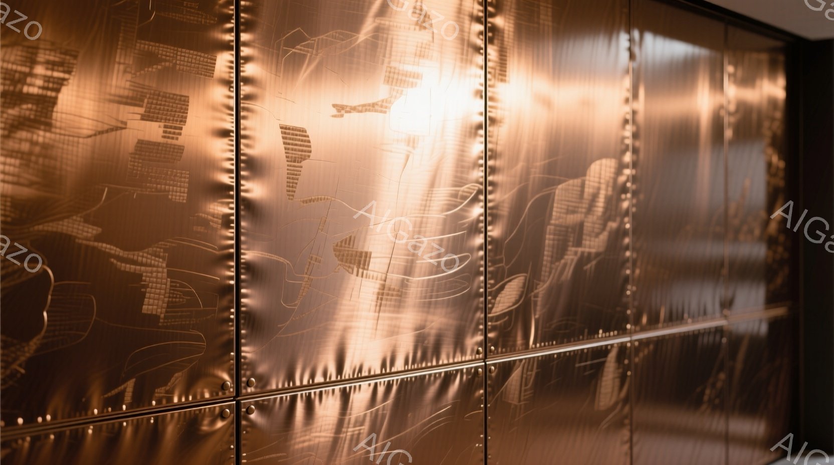 銅色の金属製のパネルが連なった壁面が写っている。パネルには、何らかの図面や設計図のような線刻画が施されており、影によって立体感が増している。全体的に暖色系の光が当たっており、落ち着いた、モダンな雰囲気を醸し出している。