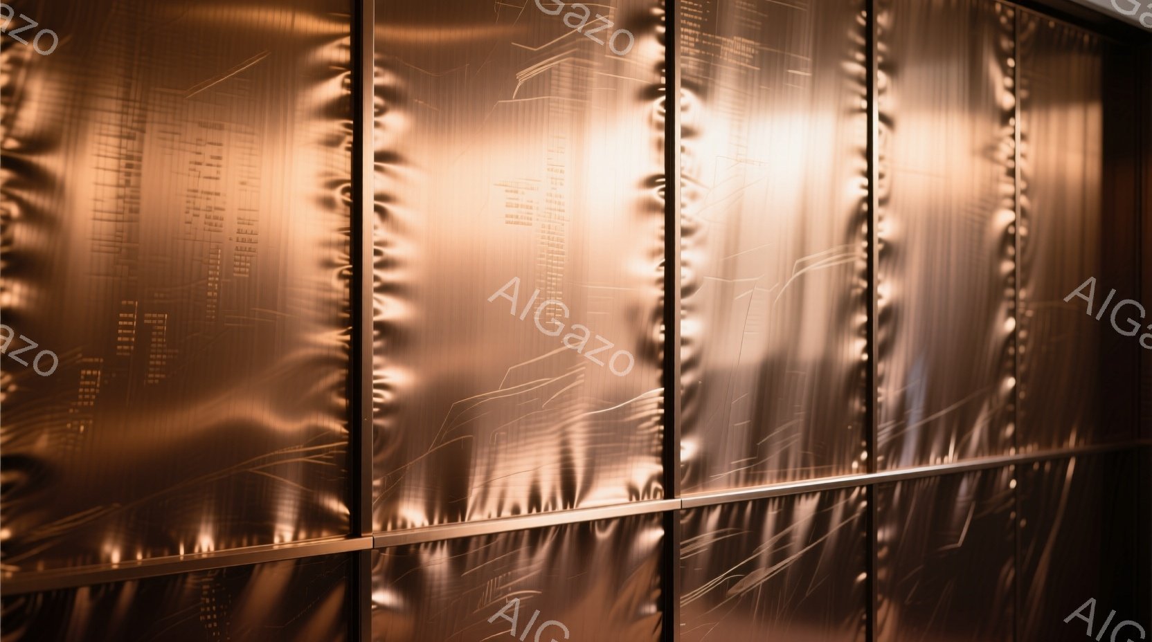 鮮やかなオレンジ色の金属板が縦に並び、表面には都市の景観が彫り込まれています。光の反射と彫刻の陰影が、独特の奥行きと質感を演出し、モダンで洗練された雰囲気を醸し出しています。全体的に暖色系のトーンで、落ち着きと高級感を感じさせます。