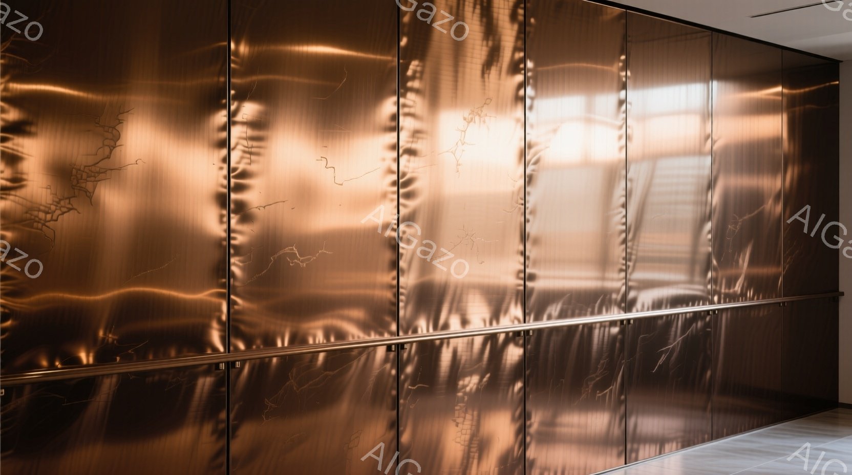 画像は、磨かれた銅色の金属パネルで構成された壁のクローズアップです。パネルは縦長に並べられ、表面には微妙な光沢と波紋のようなテクスチャが見られます。上部には銀色の金属製のバーが水平に走り、壁全体に暖かく現代的な雰囲気を作り出しています。