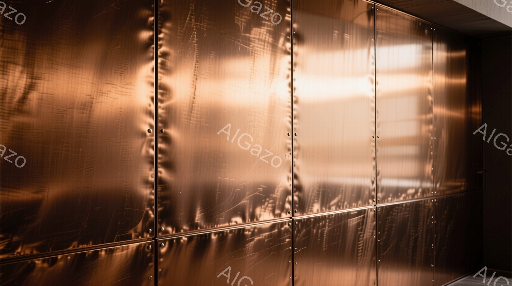 画像は、磨かれた金属製のパネルが規則的に並んだ壁面を捉えています。パネルは、かすかに波打ち、光の反射によって複雑な模様を作り出しており、全体的に暖かく、モダンで、やや抽象的な雰囲気を醸し出しています。壁面は控えめで、他の要素を際立たせるような背景として機能しているようです。