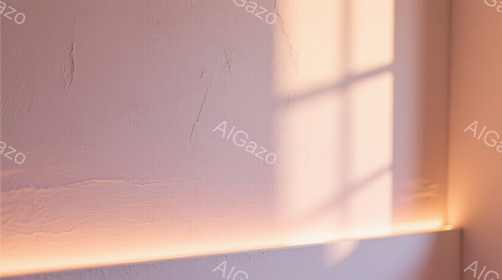 この画像は、白壁に差し込む温かい光の影を捉えたものです。影は繊細な模様を作り出し、壁の質感を強調しています。全体的に穏やかで静謐な雰囲気を醸し出しており、光と影のコントラストが美しい一枚です。 - AI生成フリー素材