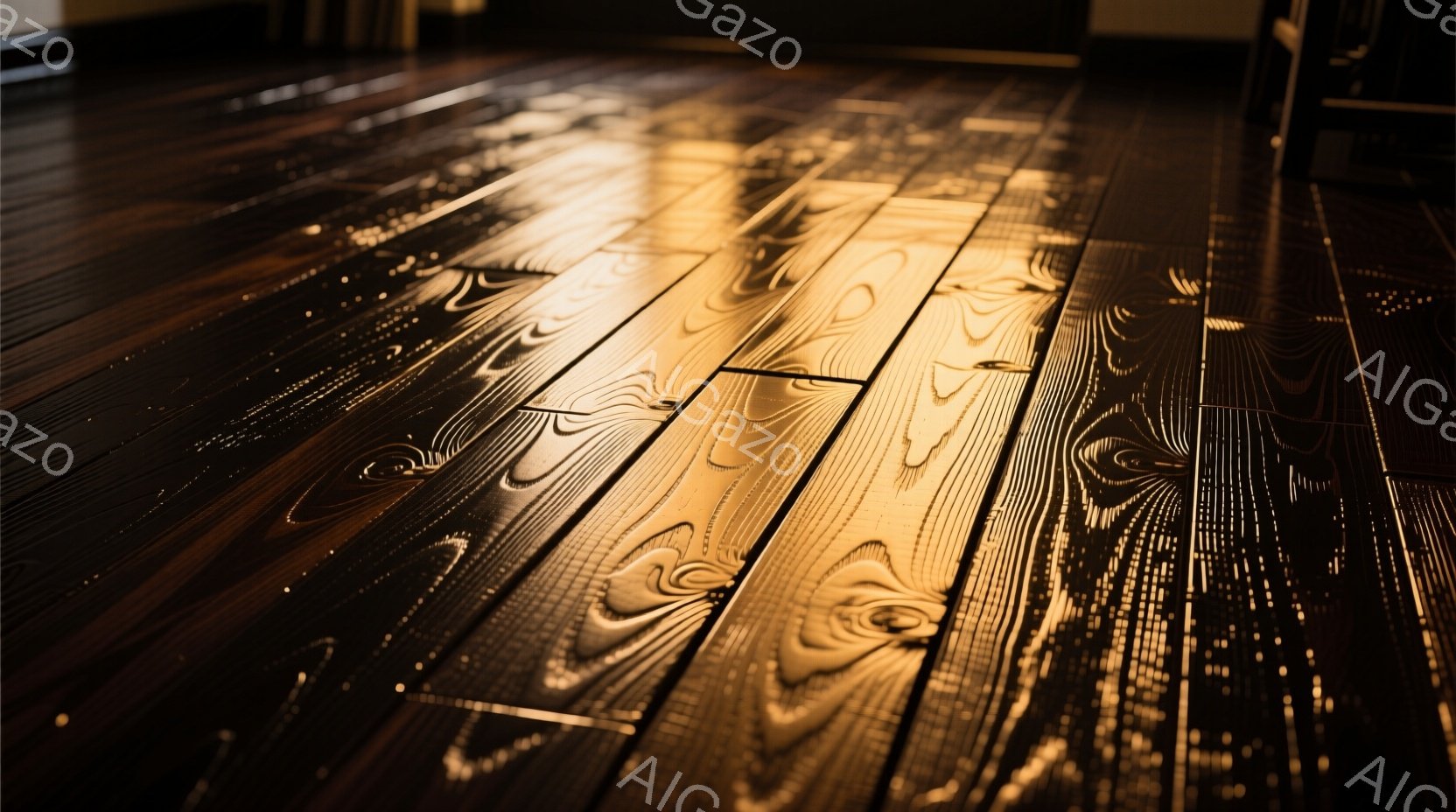 磨き上げられた暗褐色の木の床が、写真の大部分を占めている。木目は独特で、光沢があり、まるで水の流れのように曲線的な模様が浮かび上がっている。床の奥には、影の中に家具の一部が見え、静かで落ち着いた雰囲気を醸し出している。