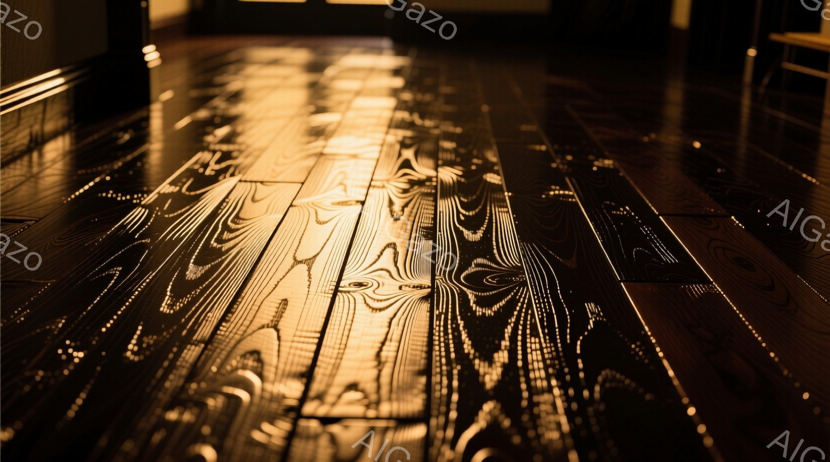 光沢のある濃い木製の床が、暖かい光に照らされています。木目は複雑で、まるで流れるような模様が浮かび上がっています。全体的に落ち着いた雰囲気で、高級感と優雅さが感じられます。