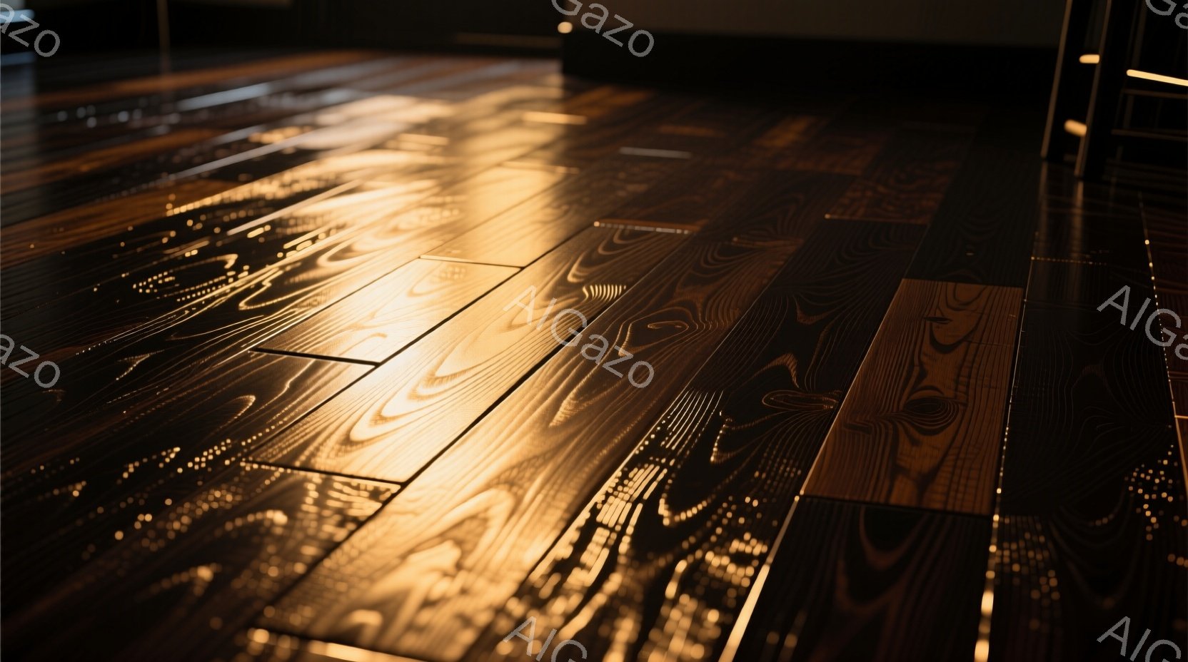 暖かく落ち着いた色のフローリングが、強い光を受けて美しく輝いている様子が捉えられています。木目の流れがはっきりと見え、滑らかな質感と光の反射が、部屋全体に温かみを与えています。背景にはぼんやりと家具の一部が見え、静かで穏やかな空間を想像させます。