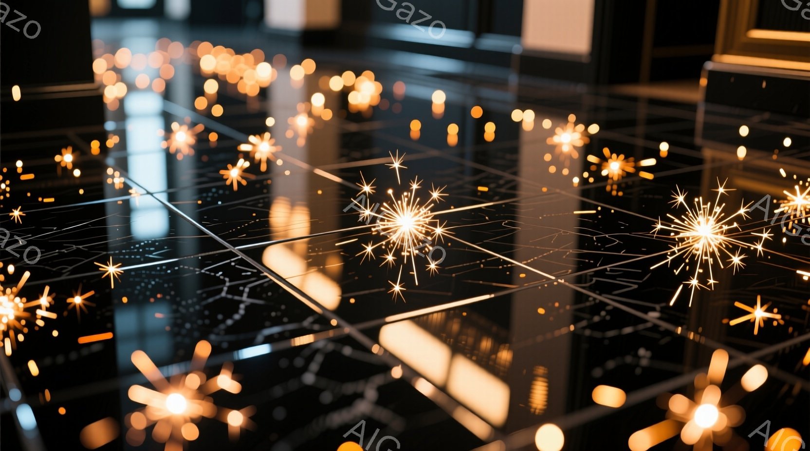 黒い床に無数の光の粒子が散らばり、まるで星空のような幻想的な光景が広がっています。光は細い線で繋がれ、床の模様と混ざり合い、独特の奥行きと輝きを生み出しています。全体的に落ち着いた暗い色調の中に、光のコントラストが強く、静寂の中に秘められたエネルギーを感じさせる雰囲気です。