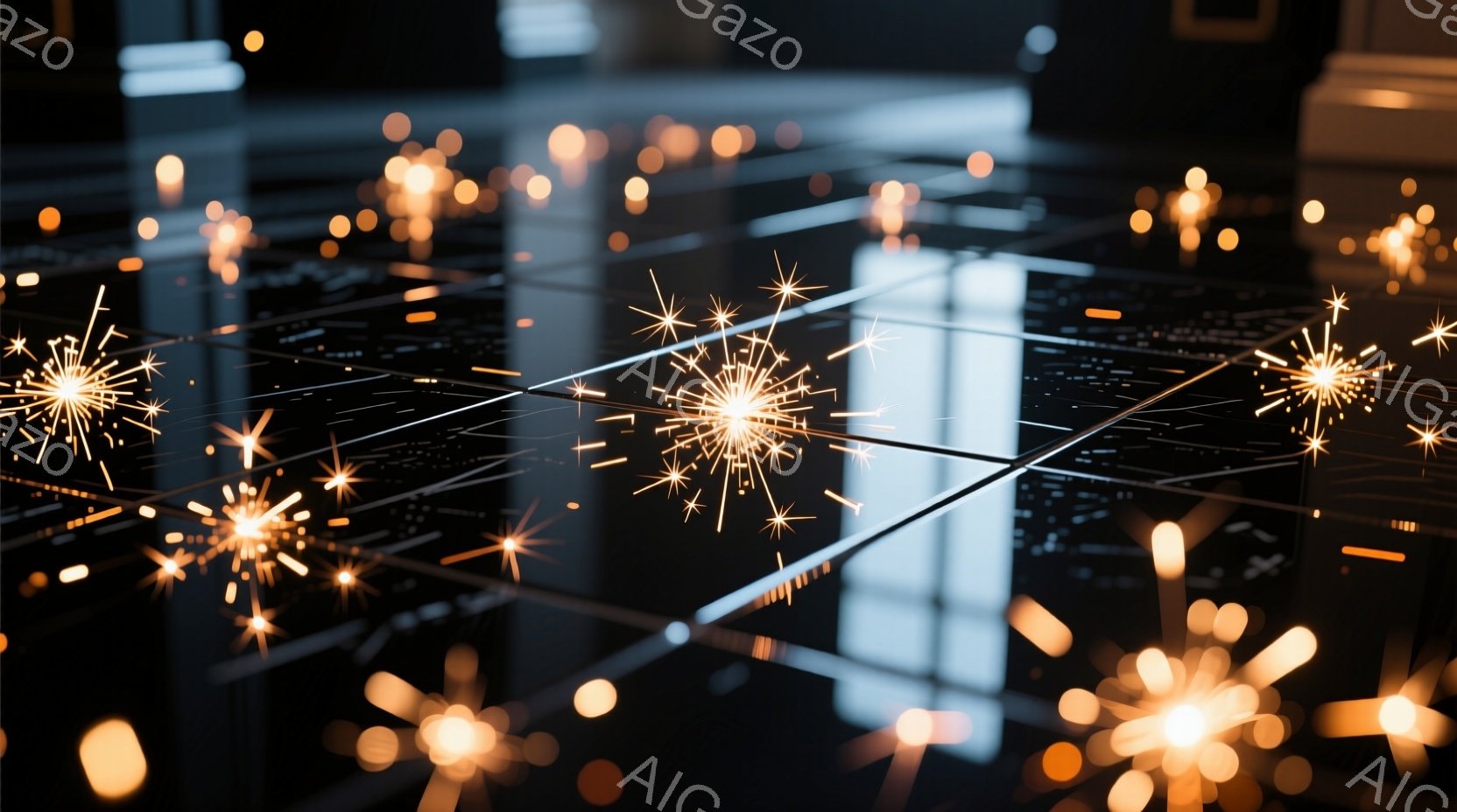 暗い背景に、無数の輝く光の線が星のように散りばめられている。それらはまるで花火のように光を放ち、鏡面のような床に複雑な模様を描いている。全体的に幻想的で、夜空に咲く花火大会のような雰囲気を醸し出している。