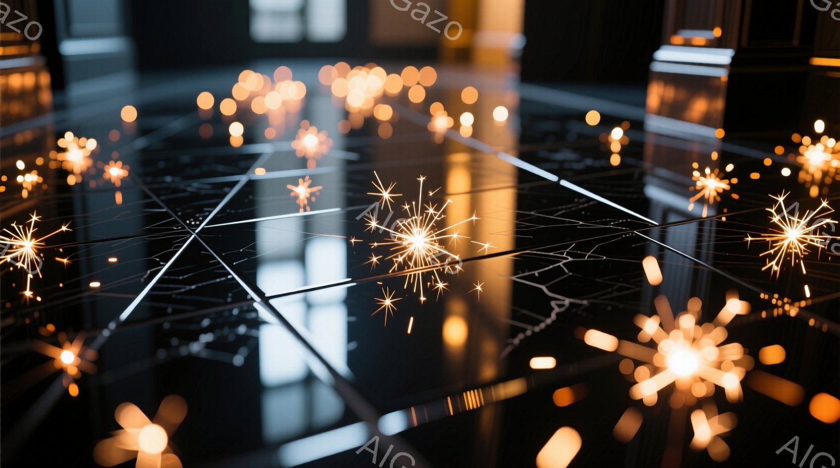 暗い室内で、無数の小さな光の粒子がまるで星屑のように広がっている様子が捉えられています。光の軌跡は複雑なネットワークのように絡み合い、黒い床面に反射して幻想的な雰囲気を醸し出しています。背景はぼやけて - AI生成フリー素材