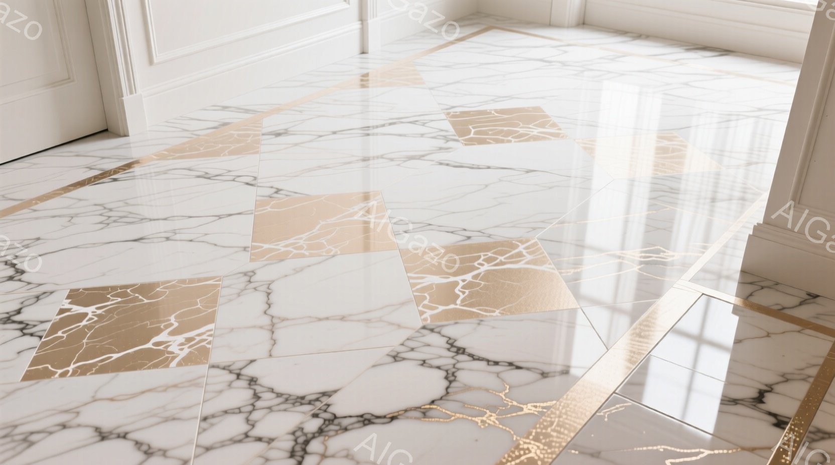 白大理石の床に金色のひび割れ模様が印象的なタイルが敷き詰められています。タイルは正方形で、床全体に規則的に配置され、光沢があり、豪華な雰囲気を醸し出しています。床の周りには、壁の一部が見え、室内である事が分かります。