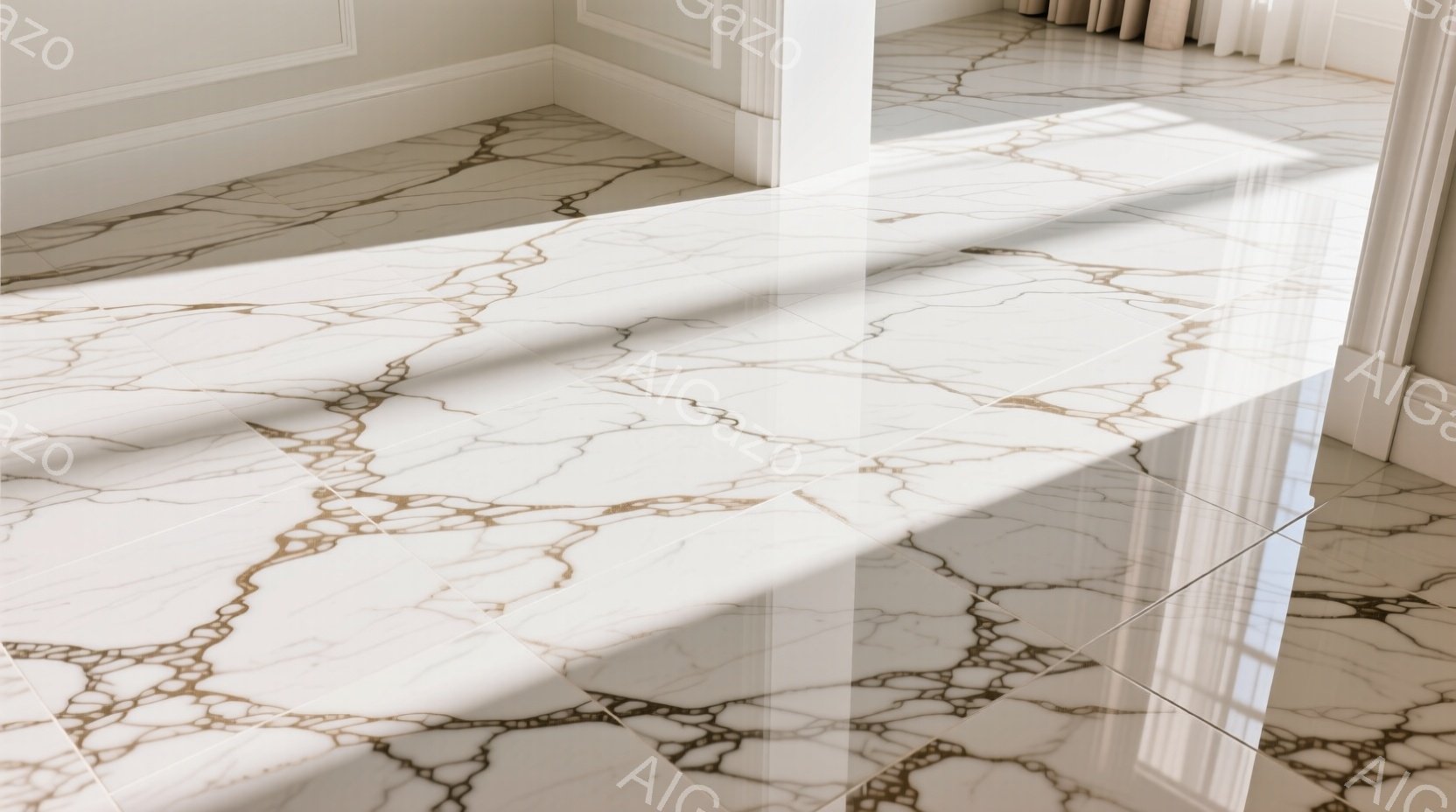 白を基調とした大理石の床が印象的な画像です。床には、金色の線が複雑に走り、光の反射によって上品な輝きを放っています。壁の一部と窓枠が見え、柔らかな日差しが差し込んでいることから、高級感のある室内空間であることがわかります。