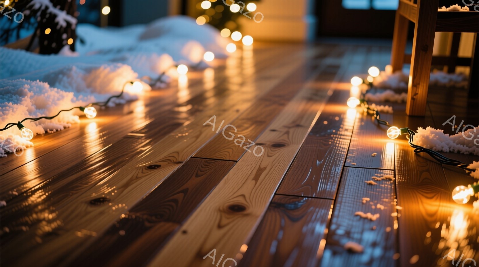 深い茶色のフローリングに、クリスマスのイルミネーションが散らばり、暖かい光が広がっています。背景には雪が積もり、冬の静寂と祝祭の雰囲気が混ざり合っています。明るい光と雪のコントラストが、心地よい季節の到来を告げるような、静かで穏やかな情景です。