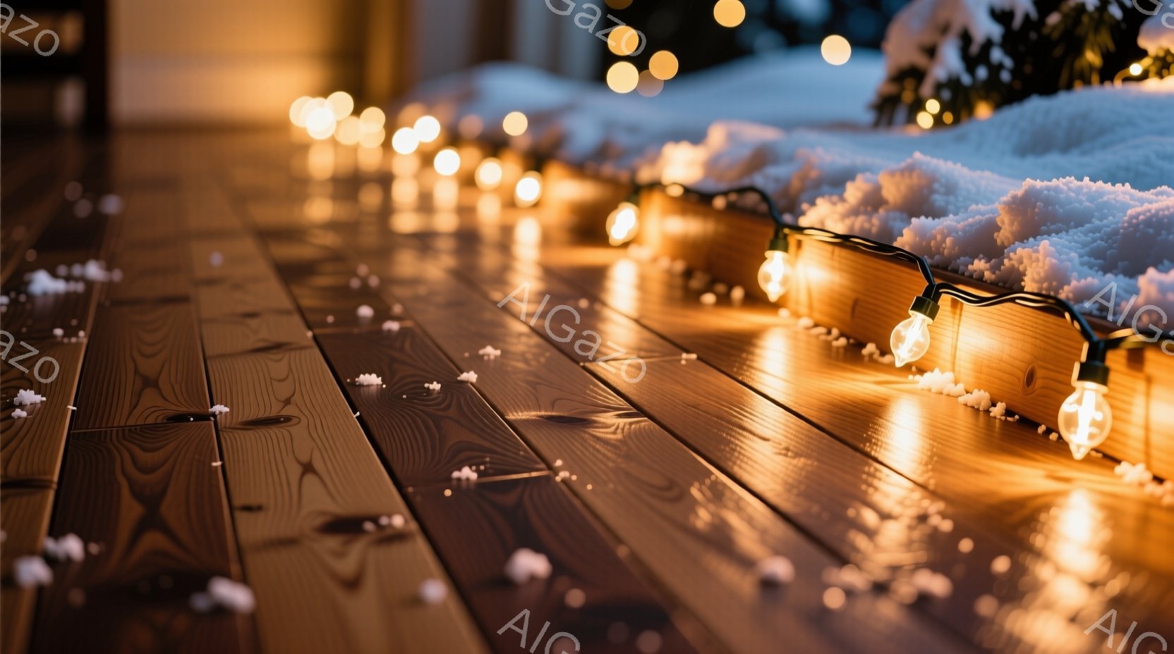 茶色い木製のデッキに、電飾が敷き詰められています。背景には雪が積もり、ぼんやりと木々が見え、冬の夜の暖かく穏やかな雰囲気を醸し出しています。電飾の光がデッキに反射し、キラキラと輝き、幻想的な光景を作り出しています。