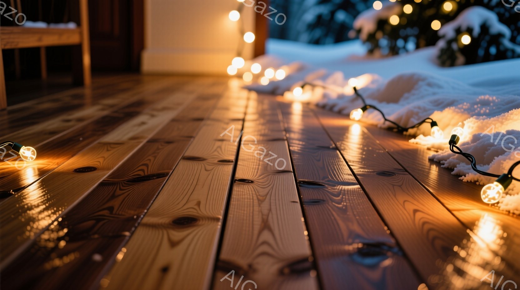 木造のデッキに、電飾が敷き詰められた雪の上を照らしています。デッキの木目は暖かく、雪の白さと電飾のオレンジ色が対照的で、冬の静けさと温かさを感じさせます。背景にはぼんやりと建物が見え、雪景色が広がり、静かで穏やかな雰囲気を醸し出しています。