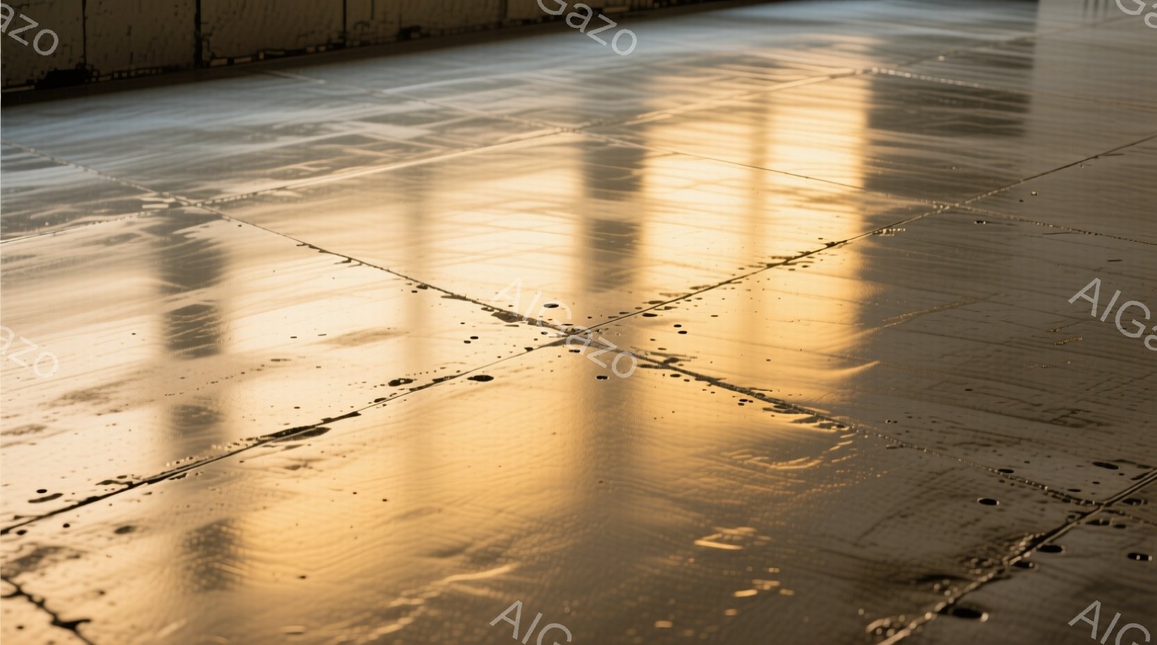 この画像は、水たまりのあるコンクリートの床のクローズアップです。床には、建築物の窓枠から差し込んだ光が反射し、オレンジ色と茶色の模様が描かれています。床のひび割れと、水たまりの表面の光の反射が、独特の質感を創り出しています。