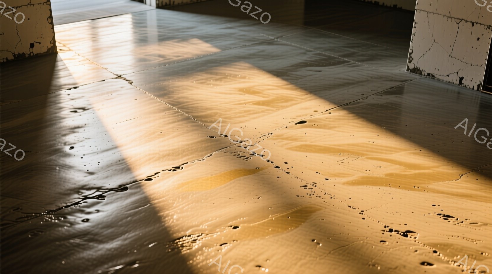 鮮やかな光がコンクリートの床に差し込み、独特の影模様を作り出している。床には水滴のようなものが散らばっており、その光の反射が床を照らし出している。背景には、コンクリートの壁が見え、全体的にミニマルで現代的な雰囲気を醸し出している。