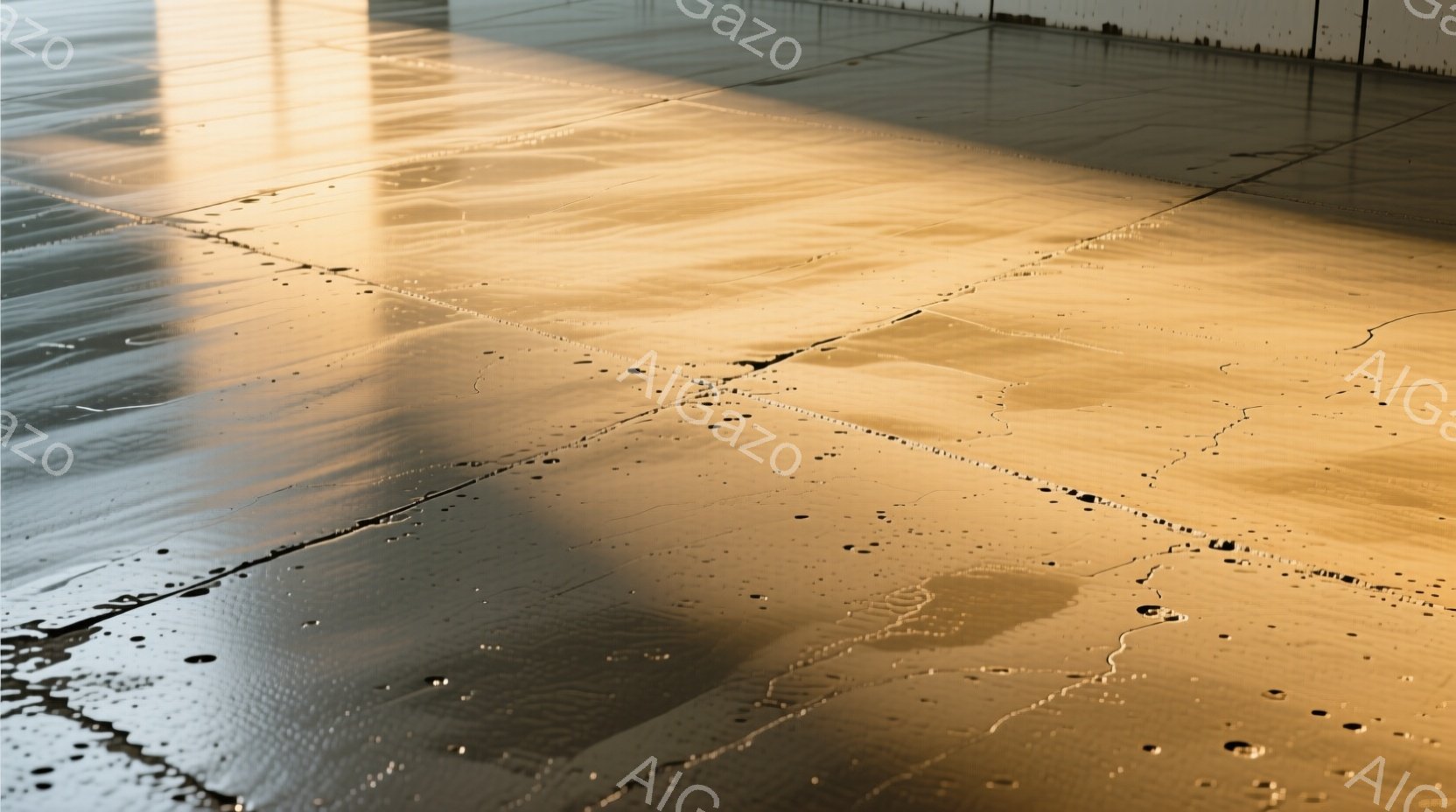 湿ったコンクリートの床面が写っており、夕暮れ時の暖かい光が反射して、金色の光沢を帯びている。床にはひび割れや水たまりがあり、独特のテクスチャを生み出している。全体的に、静寂でメランコリックな雰囲気が漂っている。