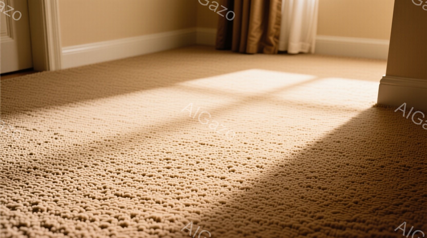 画像は、明るいベージュ色のループパイルカーペットのクローズアップです。右側には、オフホワイトのカーテンと、クリーム色の壁のベースボードが見え、窓から差し込む光がカーペット上に影を作っています。全体的に、暖かく、静かで、家庭的な雰囲気が漂っています。