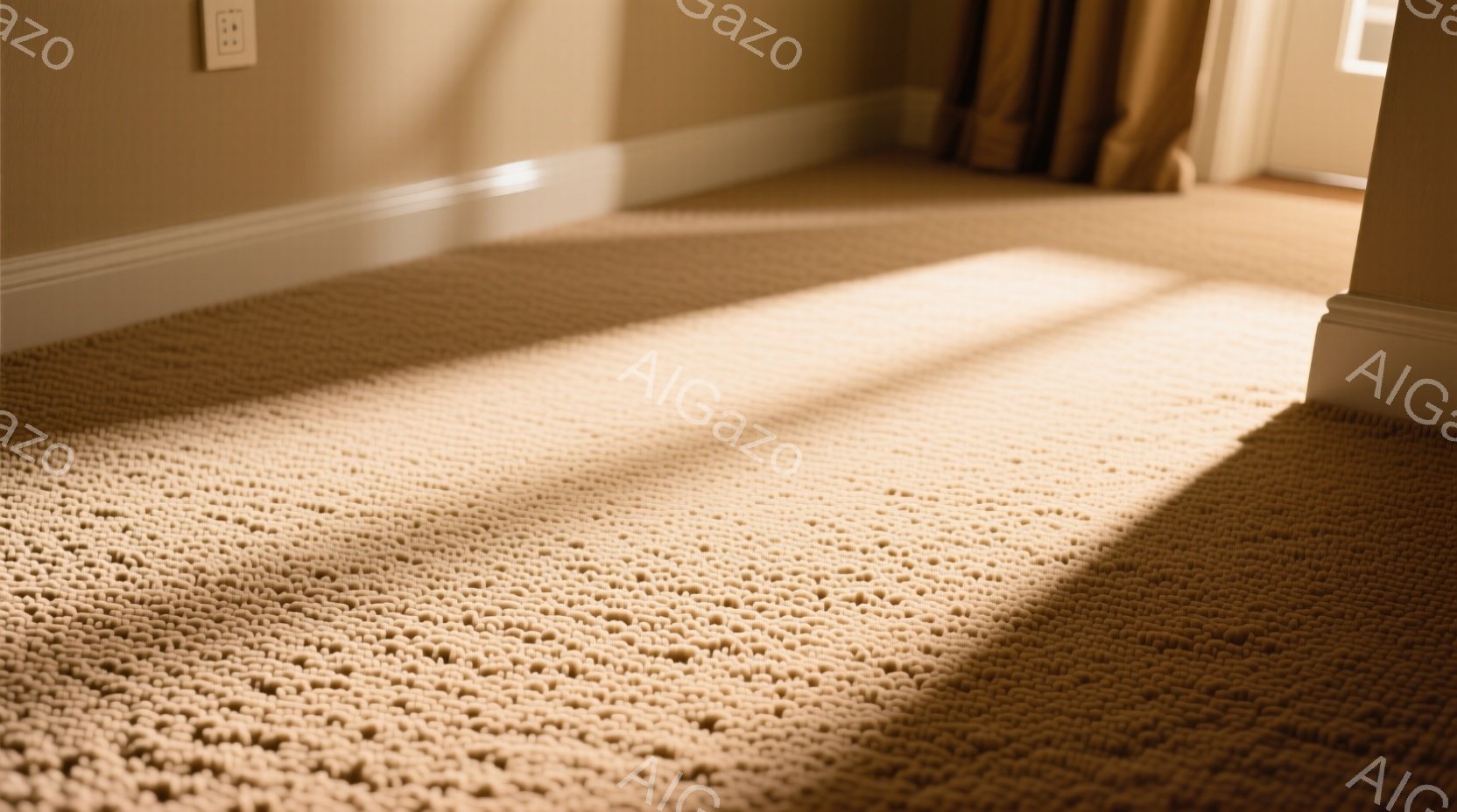 部屋の隅に敷かれたループパイルのベージュ色のカーペットが写っている。光が差し込み、カーペットのテクスチャが強調され、壁やドア付近に影が伸びている。全体的に暖かく、落ち着いた雰囲気で、部屋の一角を捉えたクローズアップショットである。