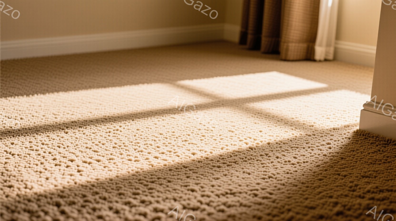 明るい茶色の毛足の長いカーペットが写っており、その上に日差しが差し込み、影が模様のように広がっている。背景には白い巾木と、少しだけカーテンの端が見える、室内の一角の様子だ。全体的に暖かく、静かで穏やかな雰囲気が漂っている。