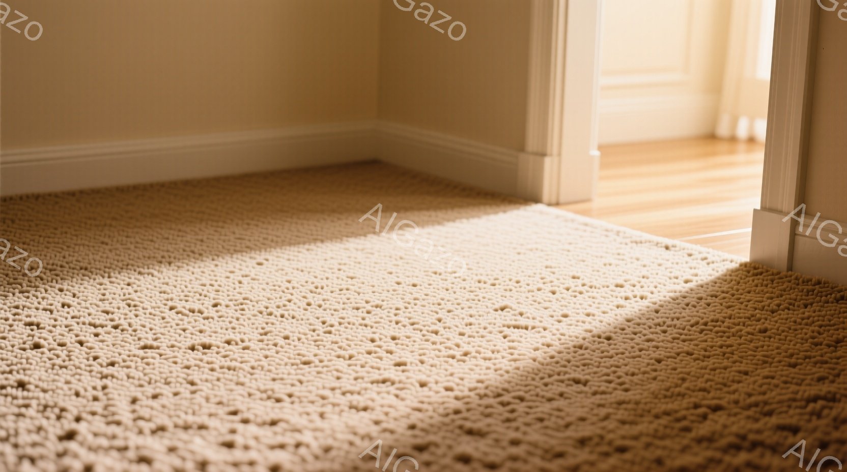 明るいベージュ色の、テクスチャのあるループパイルのカーペットが写っている。カーペットは部屋の隅にあり、壁と床の境目に沿って配置されている。背景には明るい木製の床とドアが見え、全体的に暖かく、穏やかな雰囲気である。