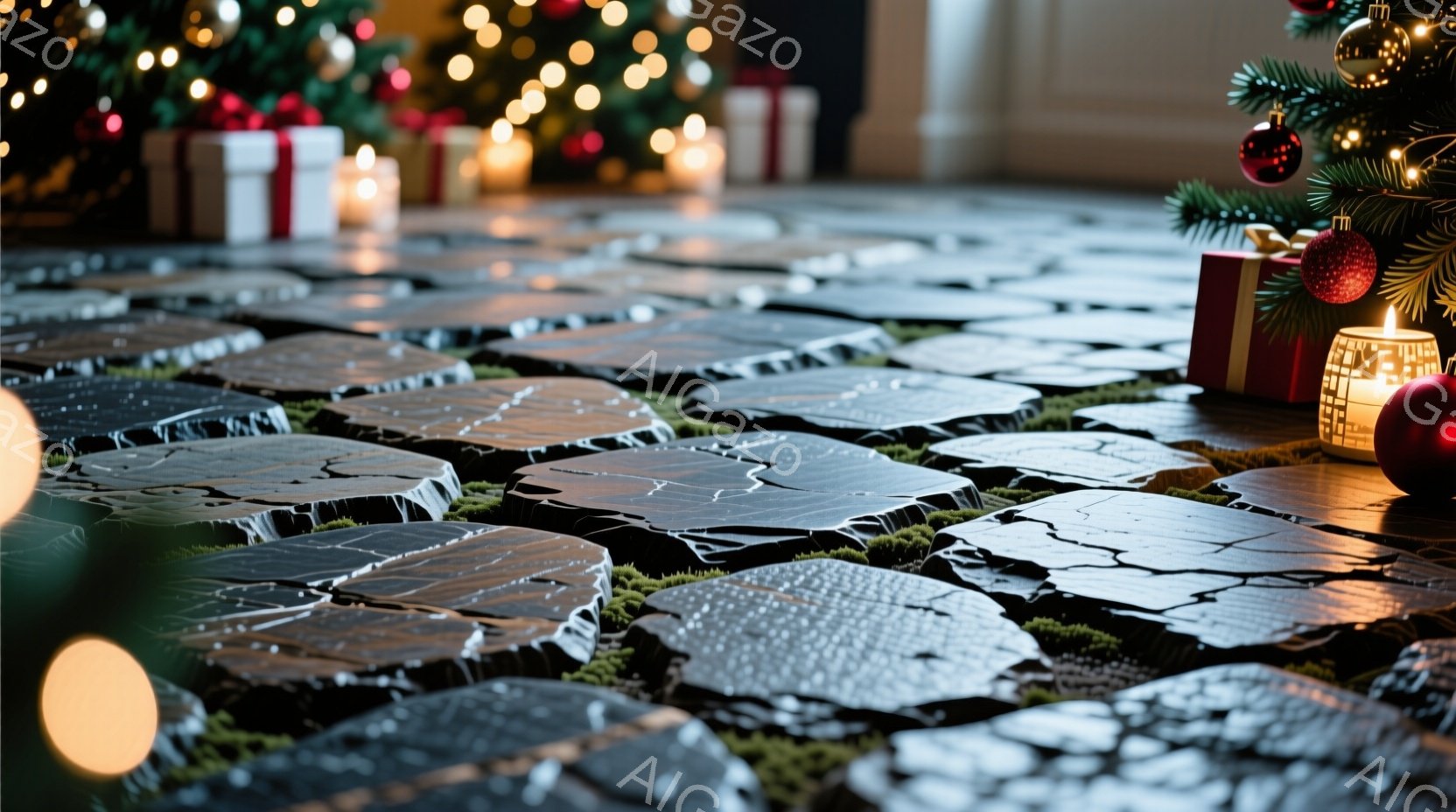 画面は、苔が生えた黒い六角形の石畳が広がる様子を捉えており、背景にはクリスマスツリーとプレゼントボックスがぼやけて見えます。温かい光が石畳を照らし、クリスマスの装飾と組み合わさって、穏やかで幻想的な雰囲気を醸し出しています。全体的に、ホリデーシーズンを感じさせる静かで美しい情景です。