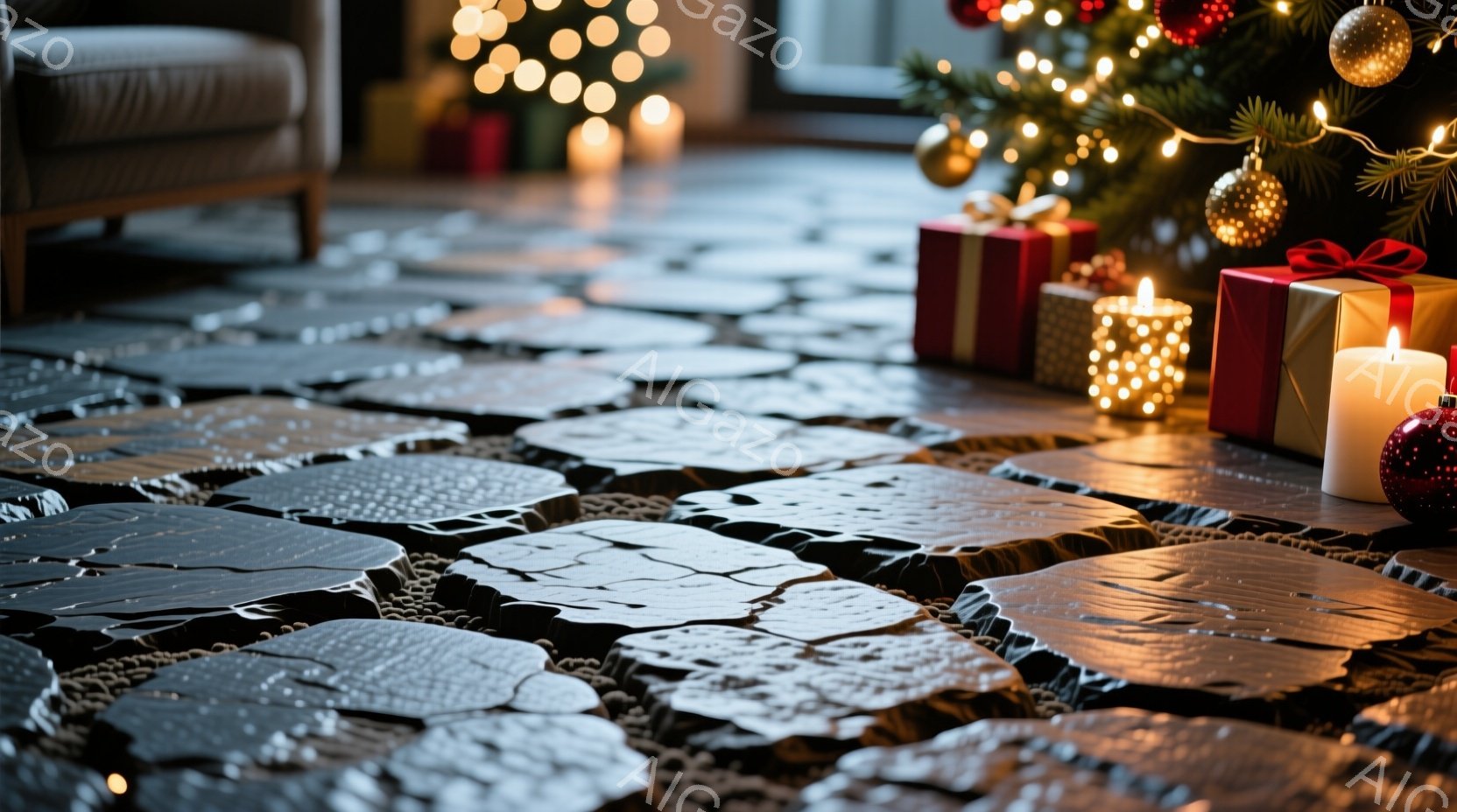 暖炉のそばにプレゼントが置かれ、クリスマスツリーの暖かい光が広がっています。床には、独特のテクスチャを持つ黒いラグが敷かれており、キャンドルやオーナメントが置かれ、優雅で穏やかな雰囲気を醸し出しています。全体的に、暖かく、静かで、お祝いのムードが漂っています。