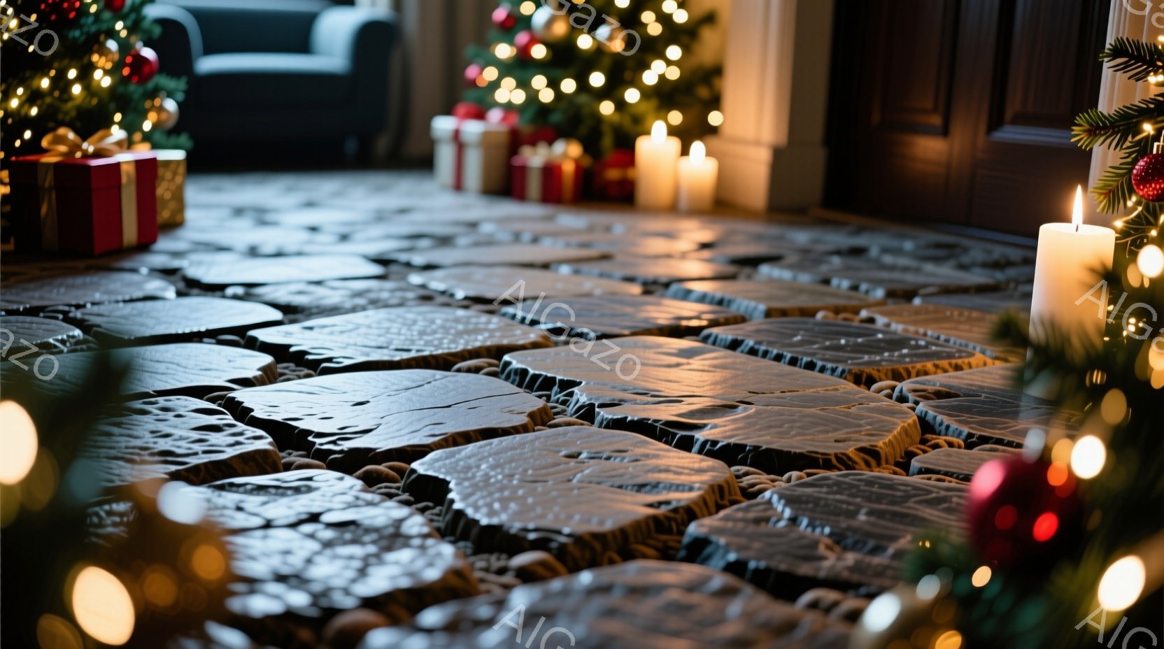 画像はクリスマスツリーの足元に置かれた、不規則な形の黒いタイルが敷き詰められた床の一部を捉えている。背景にはプレゼントボックスが積み重ねられ、ぼんやりと見えるソファと、温かい光を放つキャンドルが配置されている。全体的に暖かく、落ち着いた雰囲気で、クリスマスの祝祭感を漂わせている。