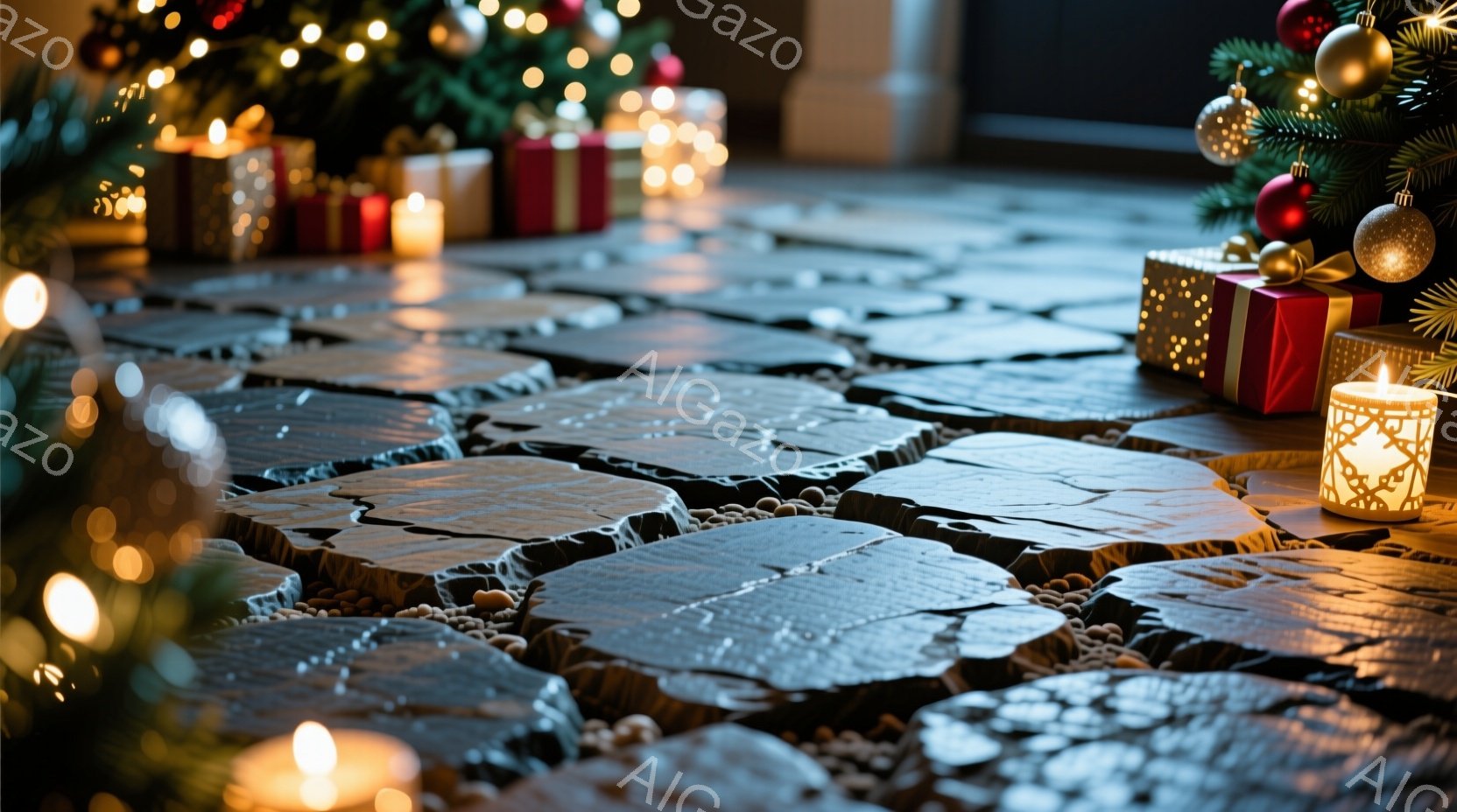 クリスマスツリーの足元には、ギフトボックスが置かれ、温かい光を放つキャンドルがいくつか配置されている。床は、木目の美しい不規則な形のタイルで覆われており、クリスマスの華やかな雰囲気を醸し出している。背景は暗く、キャンドルとツリーの明かりが暖かく、穏やかなムードを生み出している。