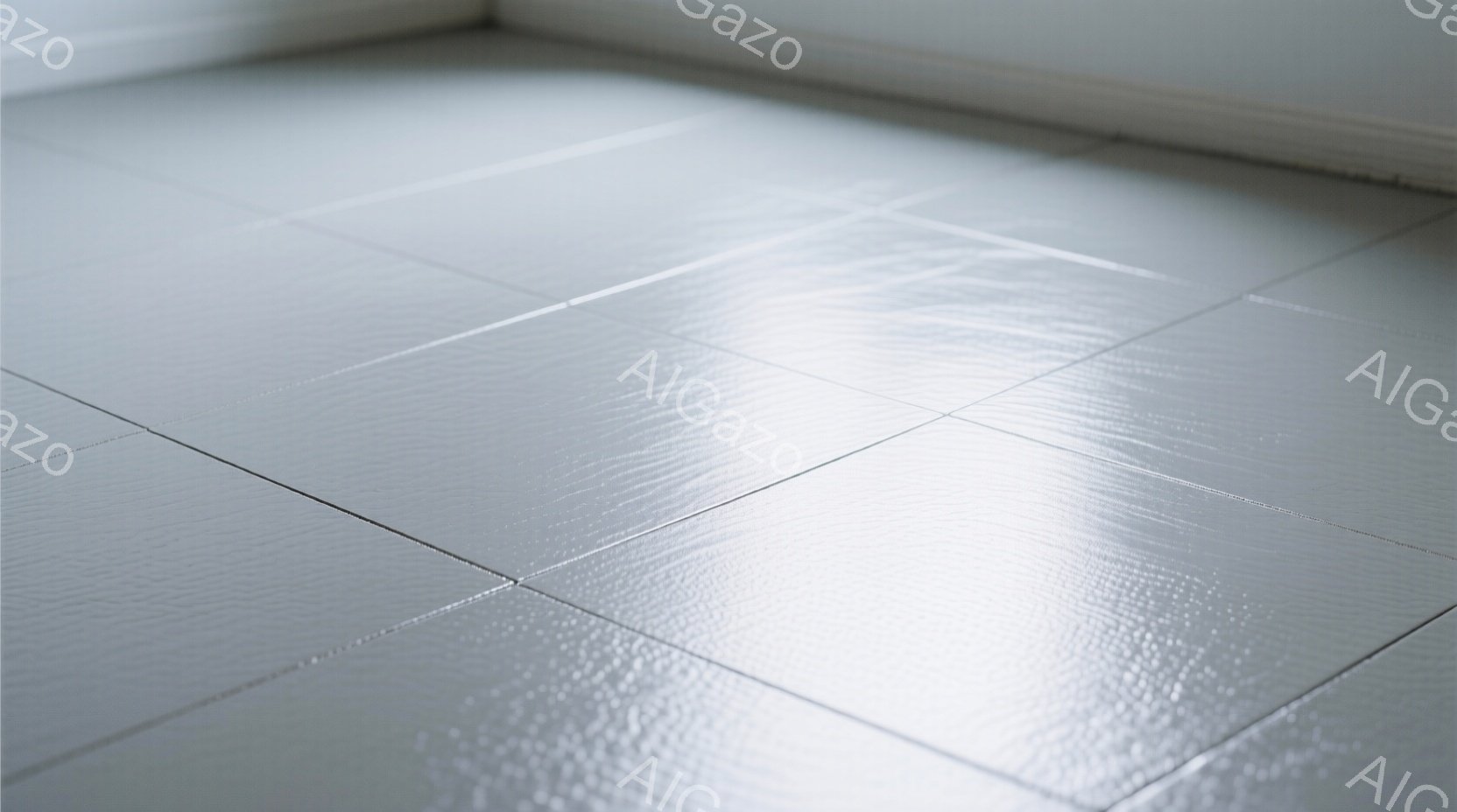 画像は、明るい灰色または白色のタイルで構成された床面を捉えています。タイルの表面には、かすかなテクスチャと光の反射が見られ、クリーンでモダンな印象を与えます。背景は不明瞭ですが、床の端には白い巾木が見え、簡潔でミニマルな空間の一部であることが伺えます。