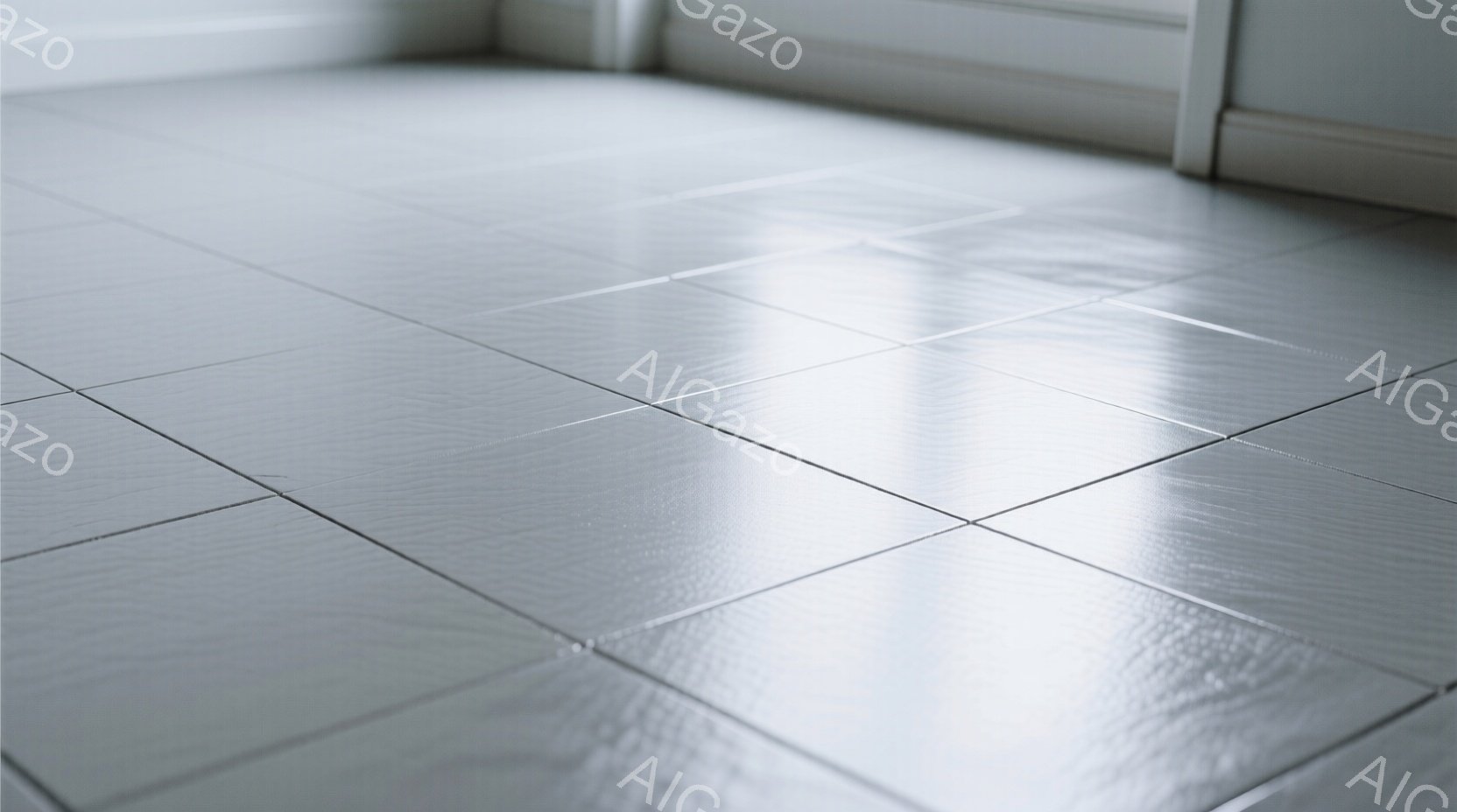 白いタイル張りの床が写っている。光がタイルに反射し、わずかにテクスチャが見える。背景には白い壁の一部が見え、全体的に清潔でミニマルな印象を与える。