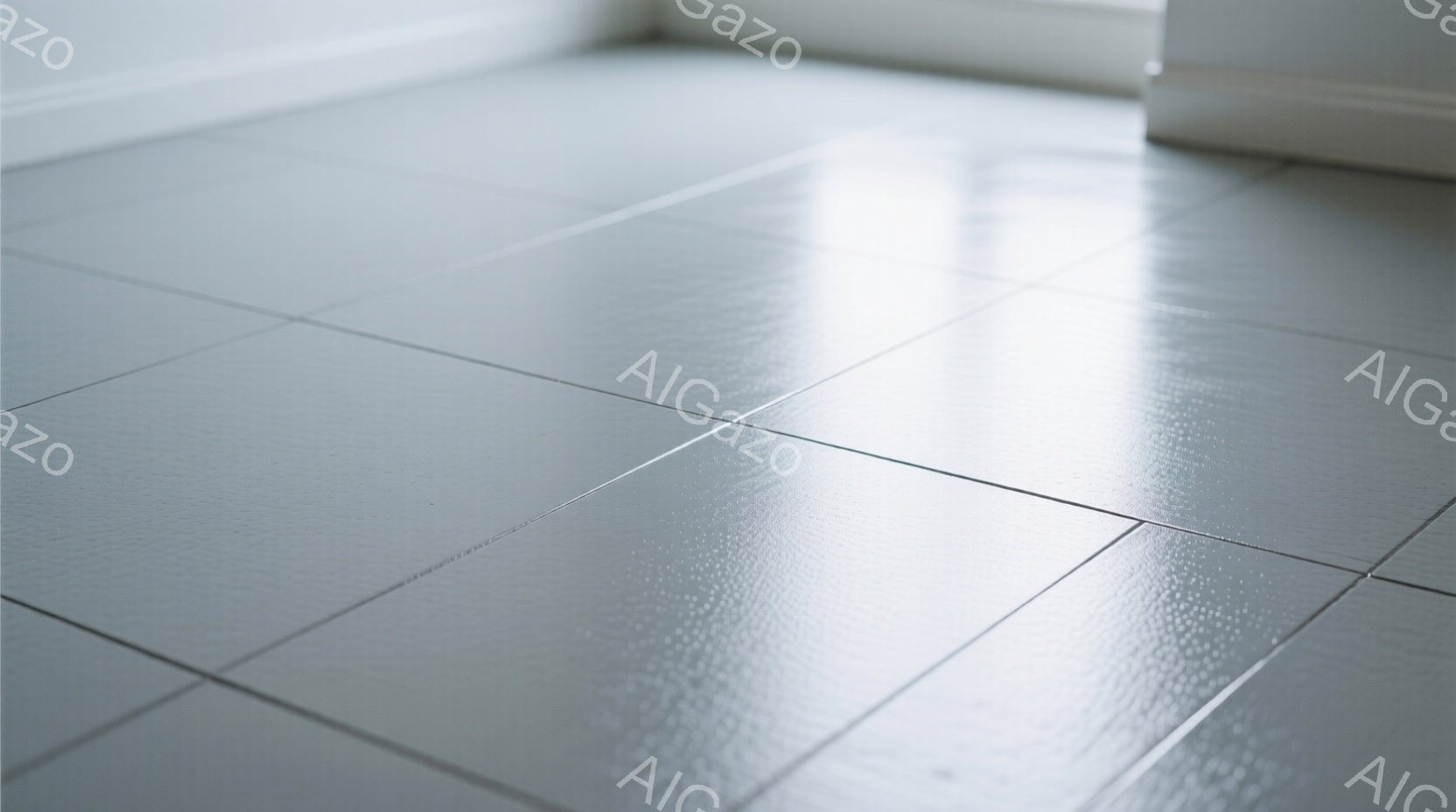 白いタイル張りの床が広がり、光が反射して少し湿ったような印象を与えている。タイルの目地が規則的に並び、簡素ながらも清潔感のある空間を演出している。背景には白い壁の一部が見え、室内であることがわかる。