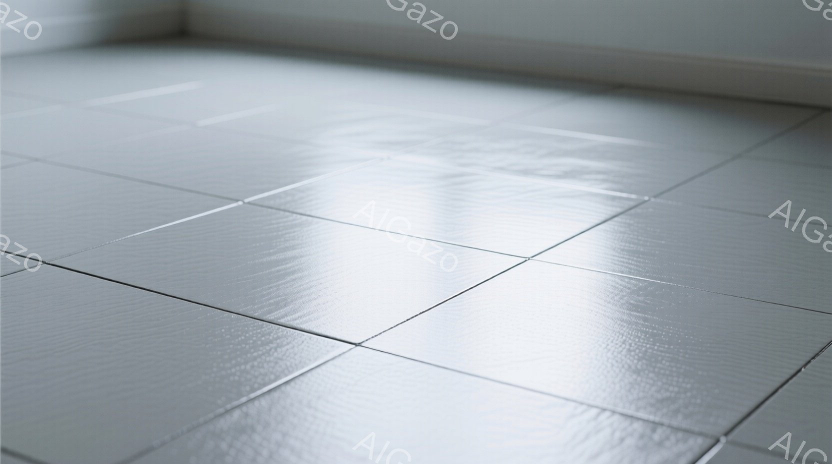 白いタイル張りの床が画面全体を占めており、光が反射して明るい印象を与えている。タイルの溝がはっきりと見え、整然とした配置が特徴的である。背景はぼやけており、床のテクスチャが際立っている。