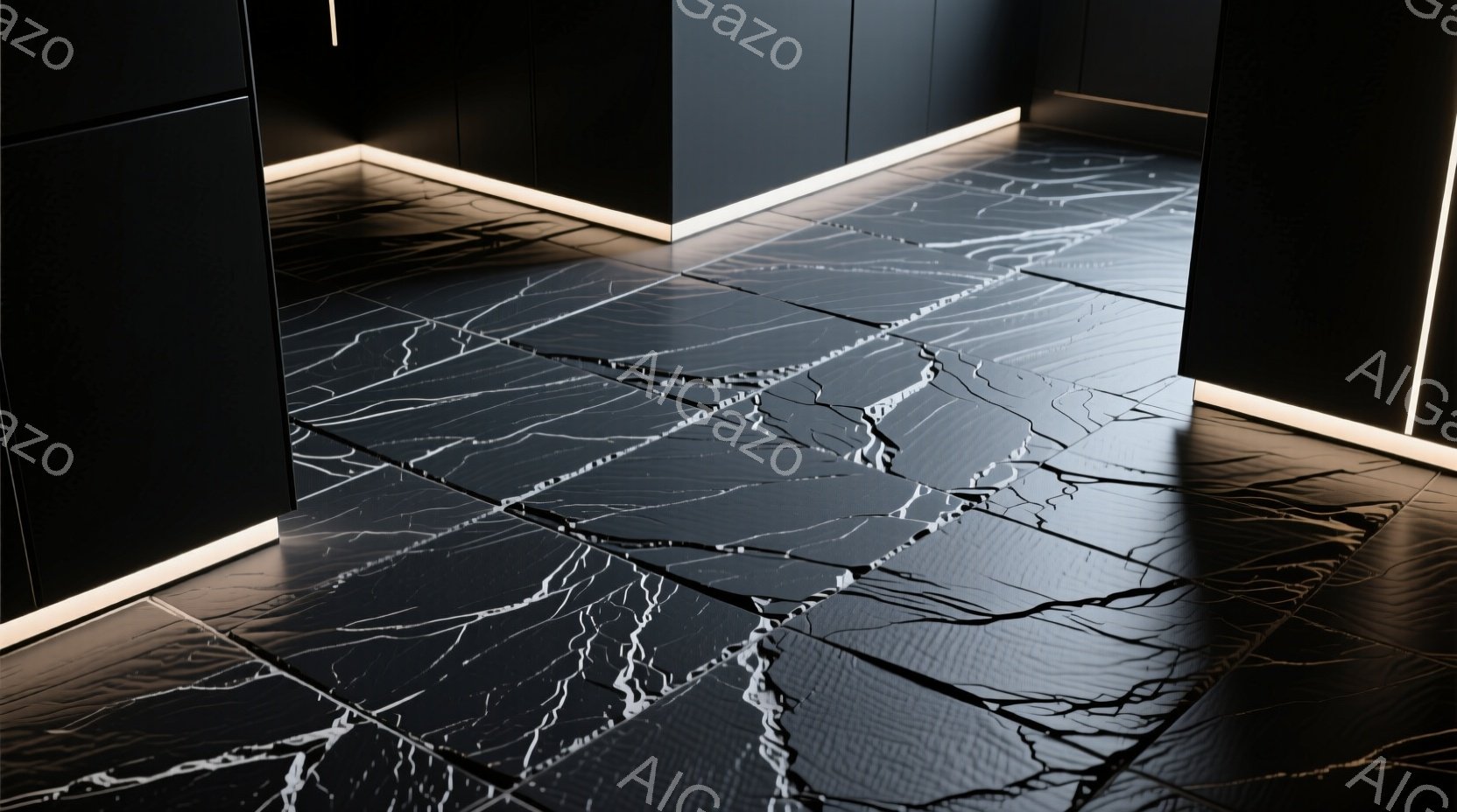 非常にスタイリッシュな黒い大理石調の床が印象的な画像です。床はまるで割れたような模様で、モダンで高級感のある雰囲気を醸し出しています。床の端には、ほのかな光を放つ白いラインライトが配置され、空間に奥行 - AI生成フリー素材