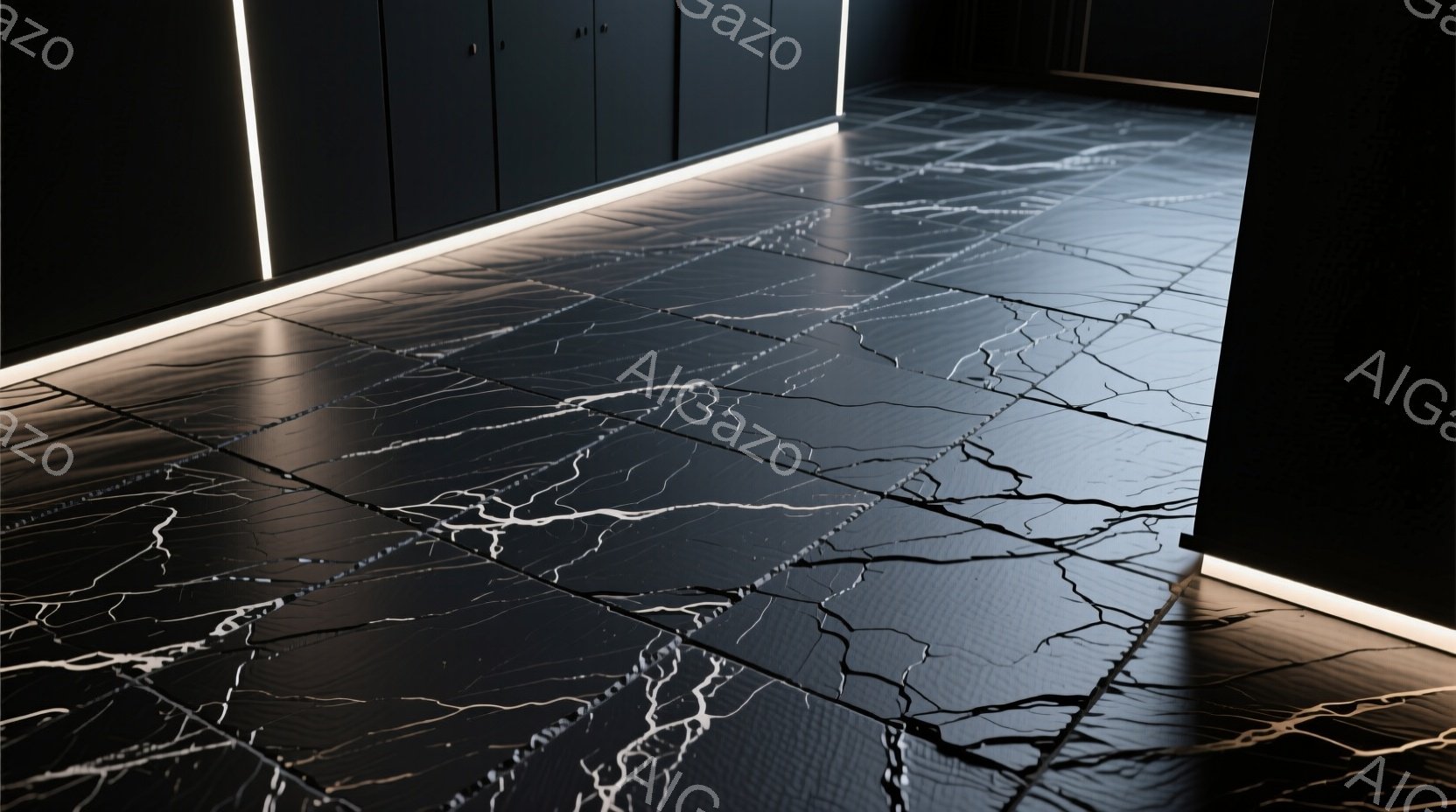 黒い大理石の床タイルが、白く複雑な模様で描かれており、モダンで洗練された印象を与えます。床の端には明るい白いラインライトが走り、空間に奥行きと未来的な雰囲気を添えています。背景には黒いキャビネットが見え、全体として落ち着いた高級感のあるインテリア空間を演出しています。