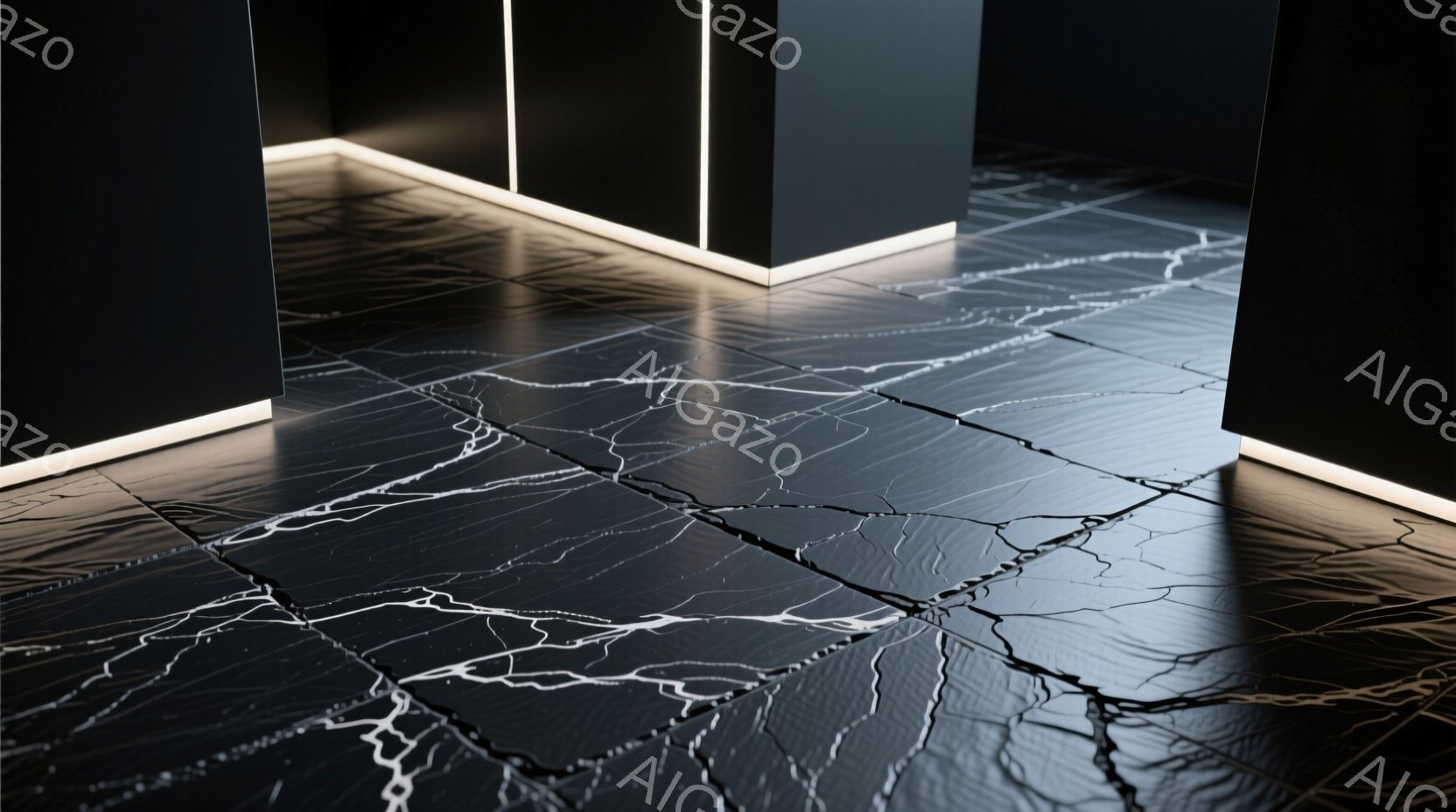 割れ目が入った黒い大理石のような床が印象的な画像です。床の割れ目には明るい光が走り、部屋の隅には黒い立方体が配置されています。全体的にクールでモダンな雰囲気で、落ち着いた中に神秘的な光が漂っています。