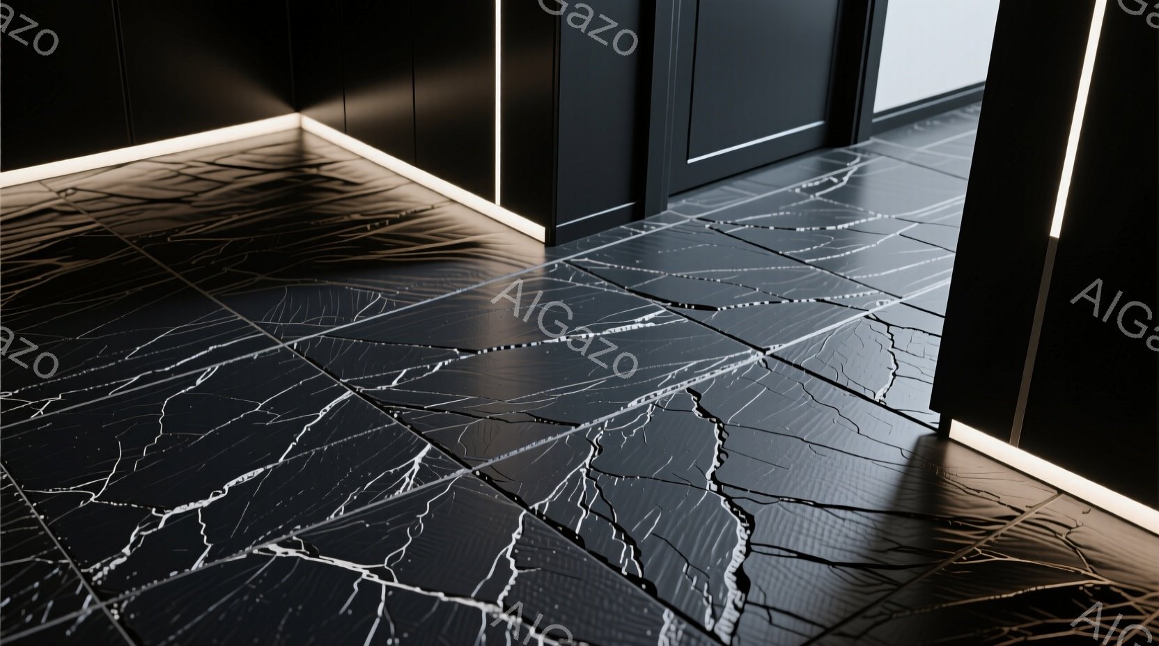 画像は、白く光る線が縁取る、黒い大理石調の床のクローズアップです。床はひび割れ模様が複雑に入っており、光沢があり、モダンな印象を与えます。背景には、ぼやけたドアと壁があり、全体的にミニマルで洗練された - AI生成フリー素材