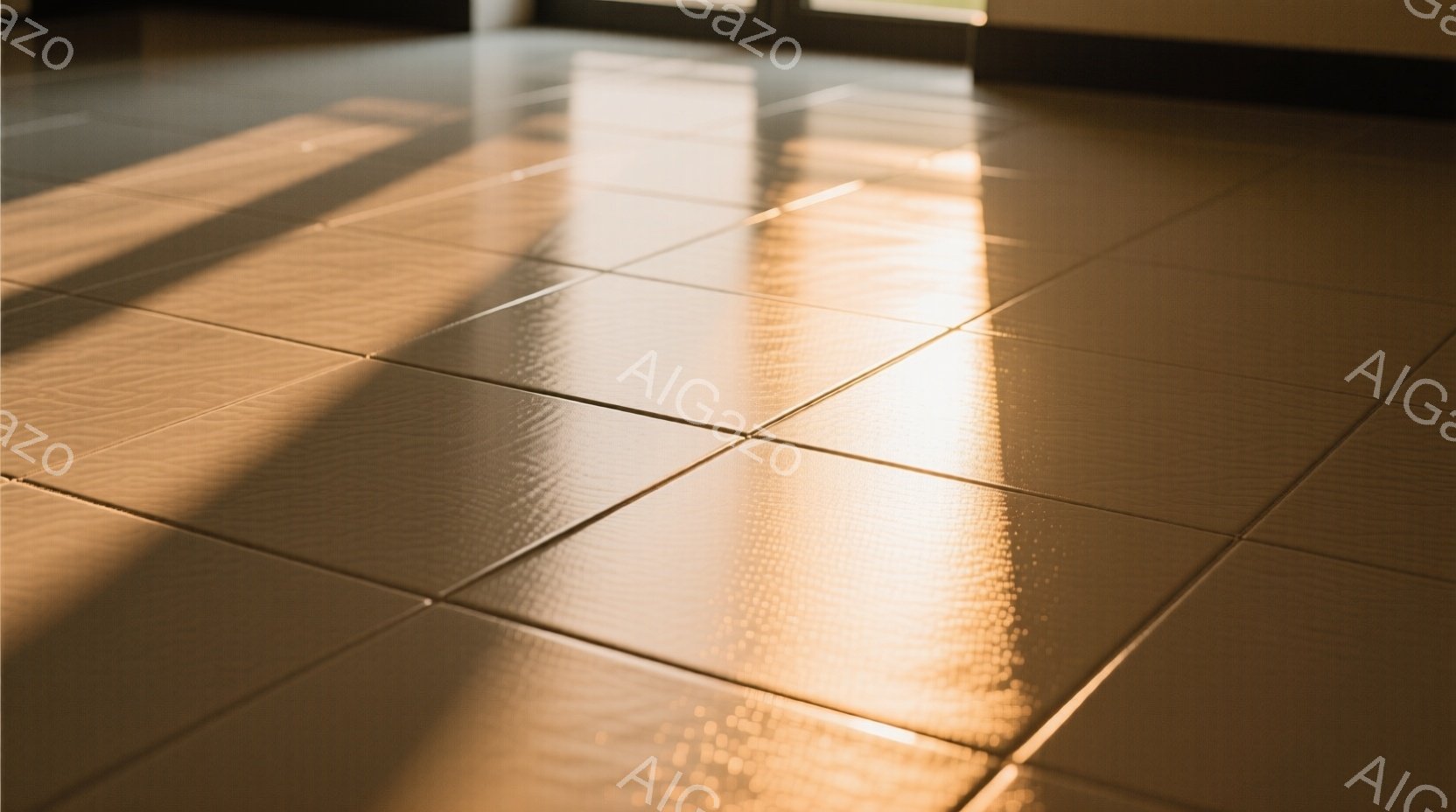 画像は、明るいベージュ色のタイル張りの床面を捉えています。窓からの強い光がタイルに反射し、独特の陰影を生み出しています。 全体的に暖かく、静謐な雰囲気が漂い、シンプルな美しさが際立っています。