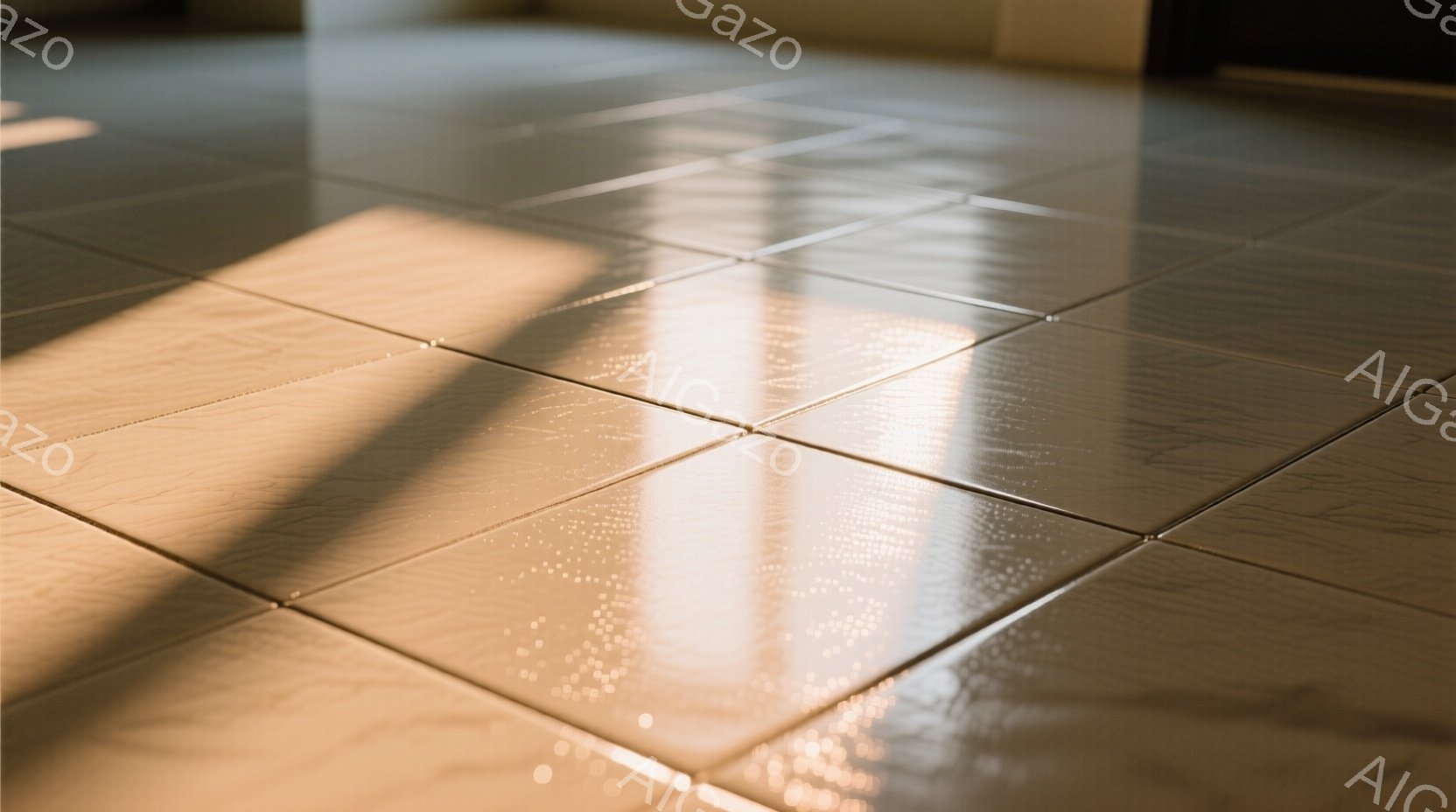 明るい茶色のタイルが敷き詰められた床面が写っている。光の条がタイルに投影され、暖かく穏やかな雰囲気を醸し出している。床は磨かれて光沢があり、清潔感を感じさせる。