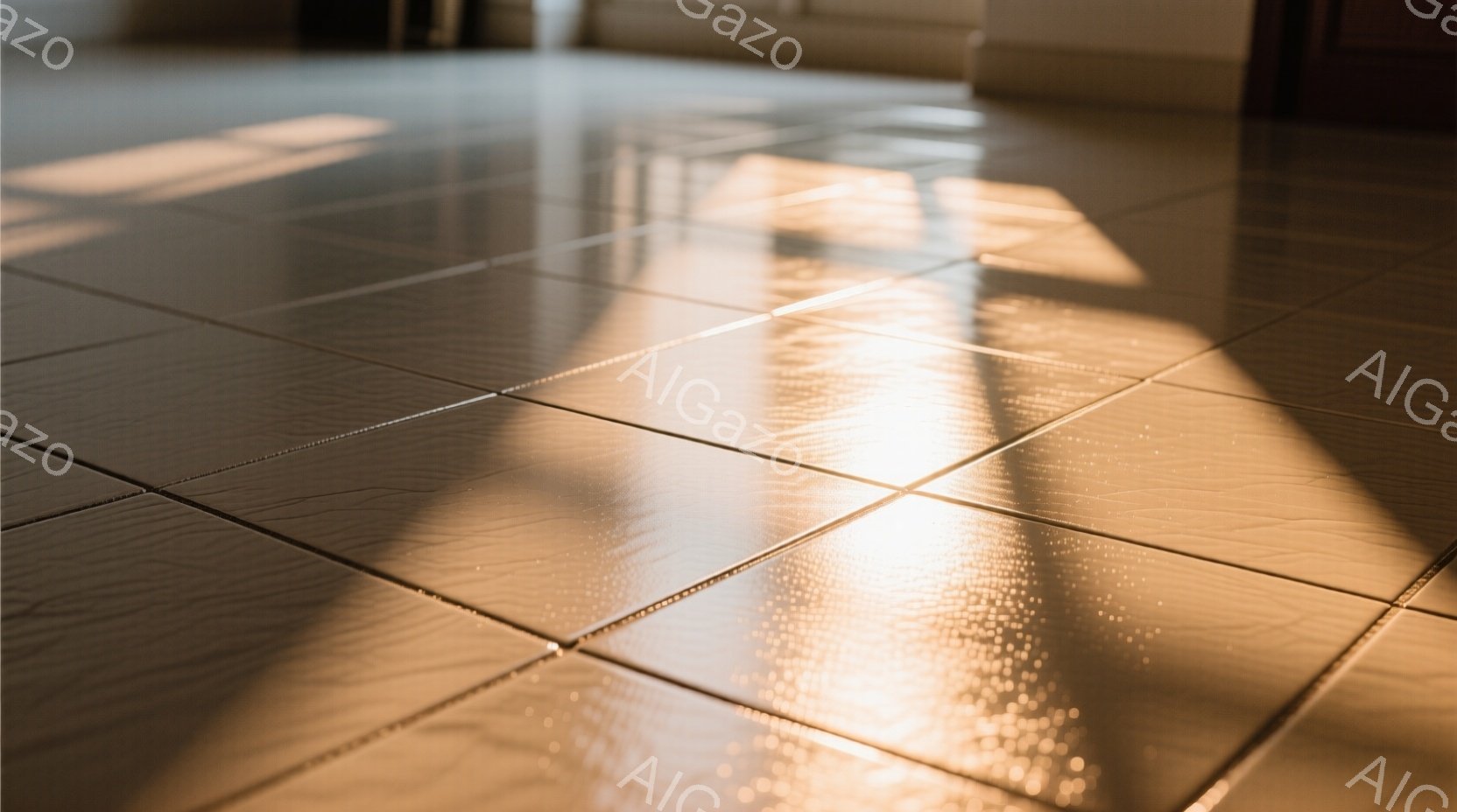 画像は、木目調のタイルが敷かれた床面を捉えています。暖かい色の光がタイルに反射し、複雑な影を生み出しており、部屋に柔らかい雰囲気を添えています。タイル間の隙間からは、光が差し込み、まるで幾何学模様を描いているかのような印象を与えます。